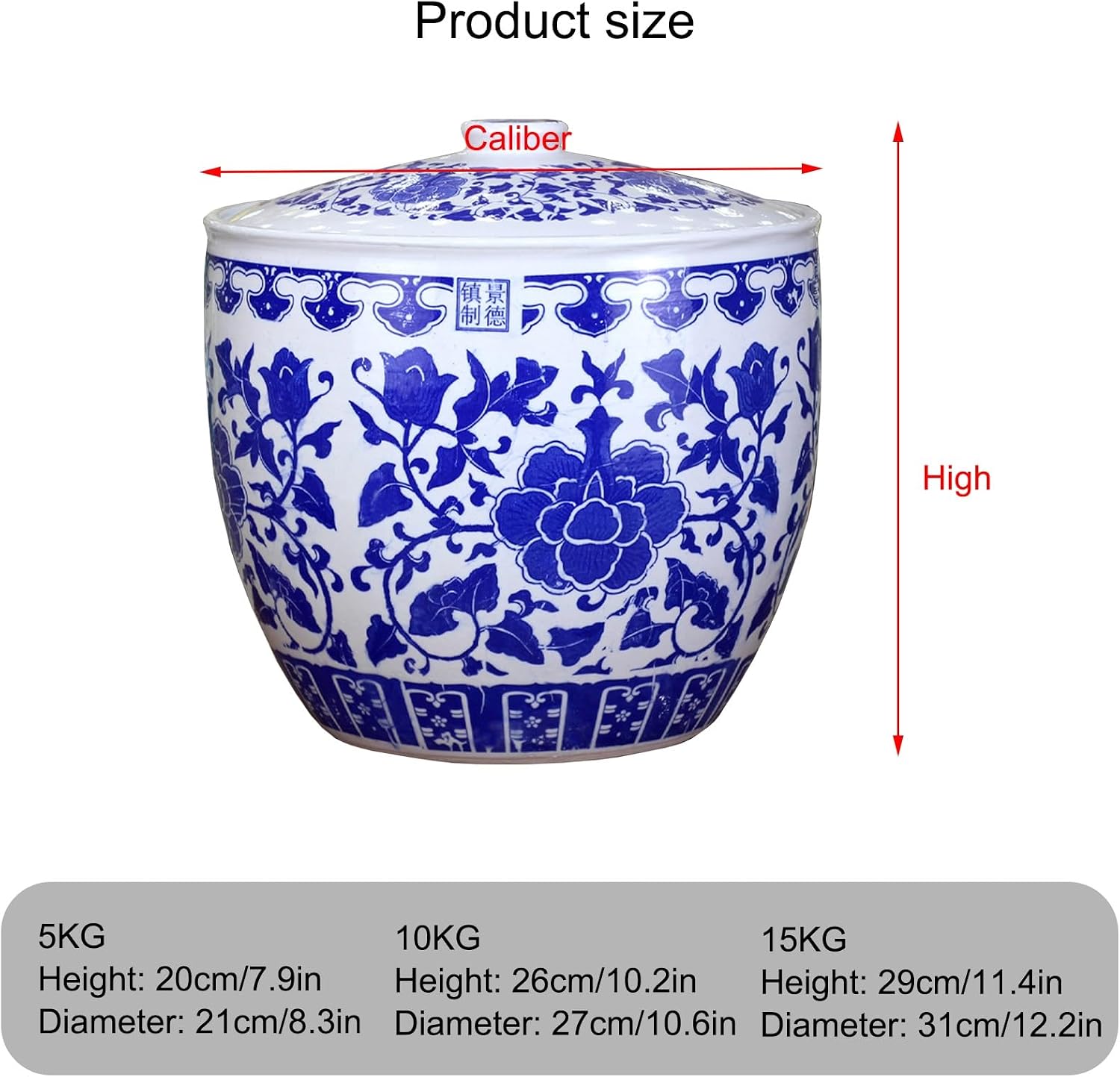 Blue and White Ceramic Rice Jar, Ceramic Rice Storage Container, Ceramic Rice Bucket with Lid, Classic Food Dispensers, Sealed Rice Storage Jar for Noodles Rice Snacks(29x31cm/11.4x12.2in)
