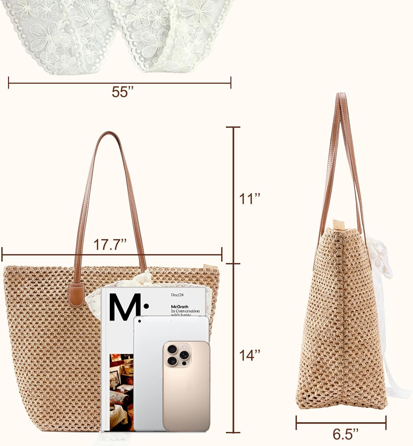 Straw Beach Tote Bag for Women: 2026 Large Woven Handbag with Zipper, Perfect for Vacation, Travel and Summer Pool | Lightweight, Hand-woven, Shoulder, Boho