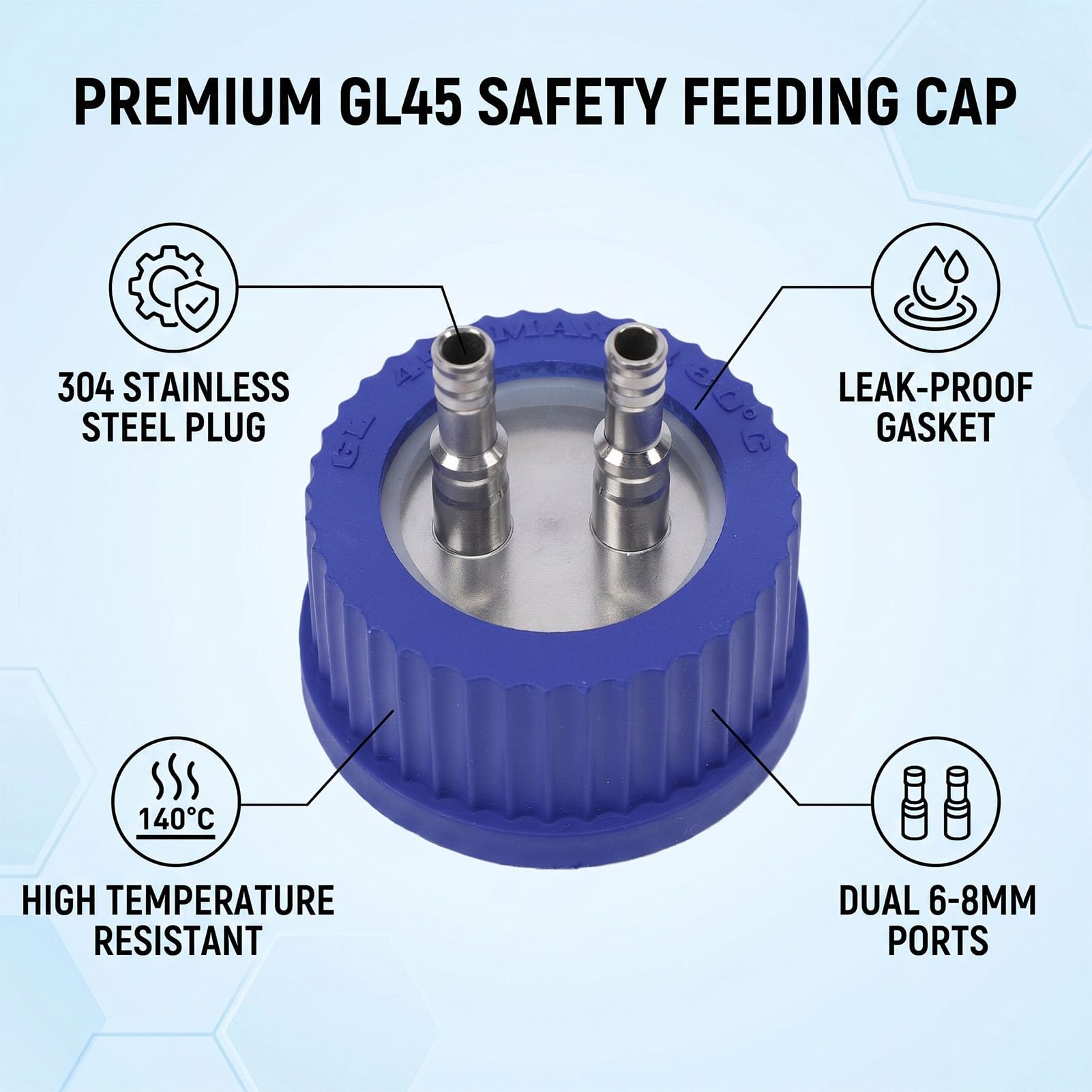 Naroote Tappo di Alimentazione di Sicurezza GL45 Coperchio Bottiglia GL45 Tappo Bottiglia Reagente 2 Porte Diametro 6-8 Mm Misura Media Acciaio Inossidabile 304 con Guarnizione per