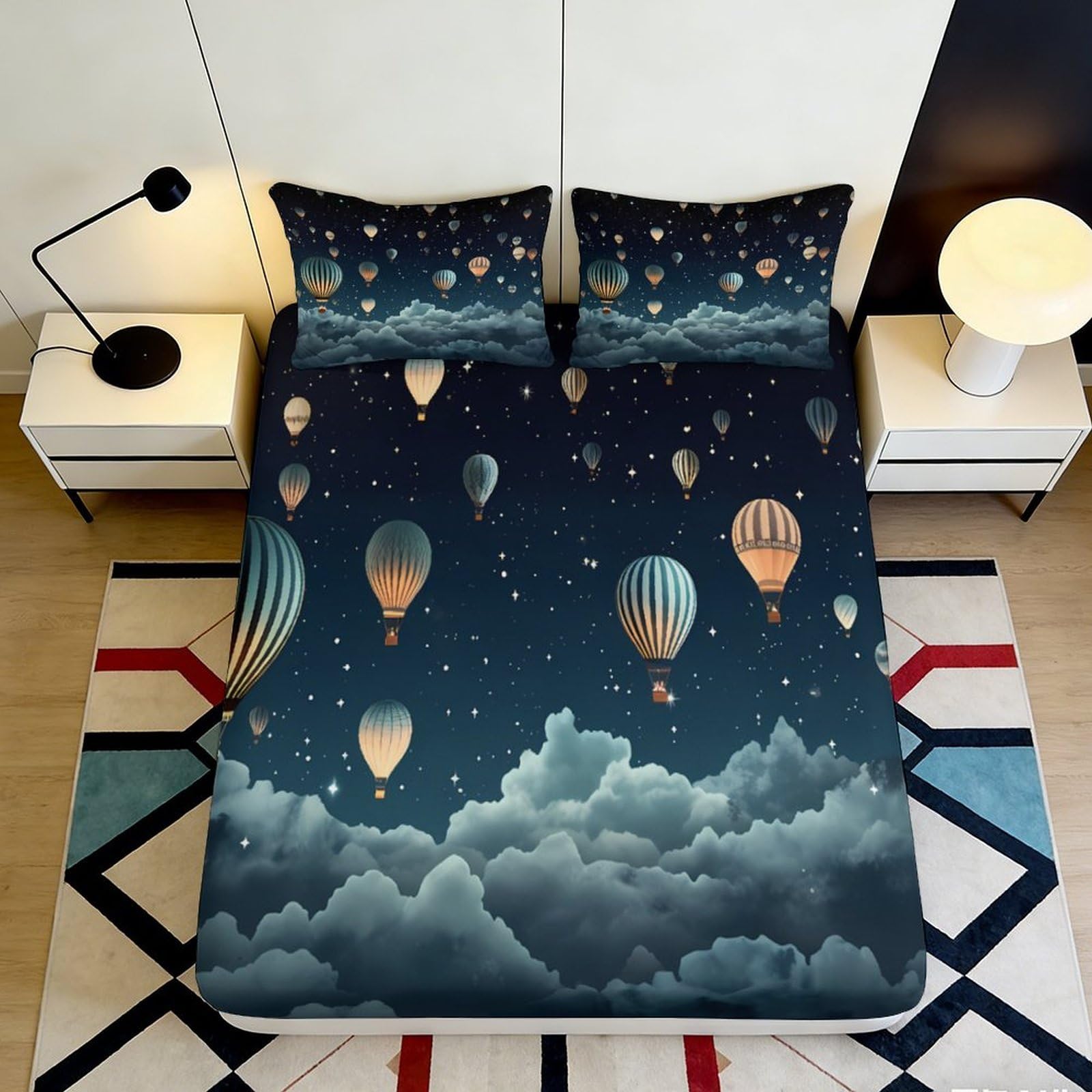 3D Printed Hot Air Balloon Fitted Sheet Microfiber Night Sky Mattress Cover for Bedroom Dormitory Guest Room Bed Protection Decor 120x200x25cm