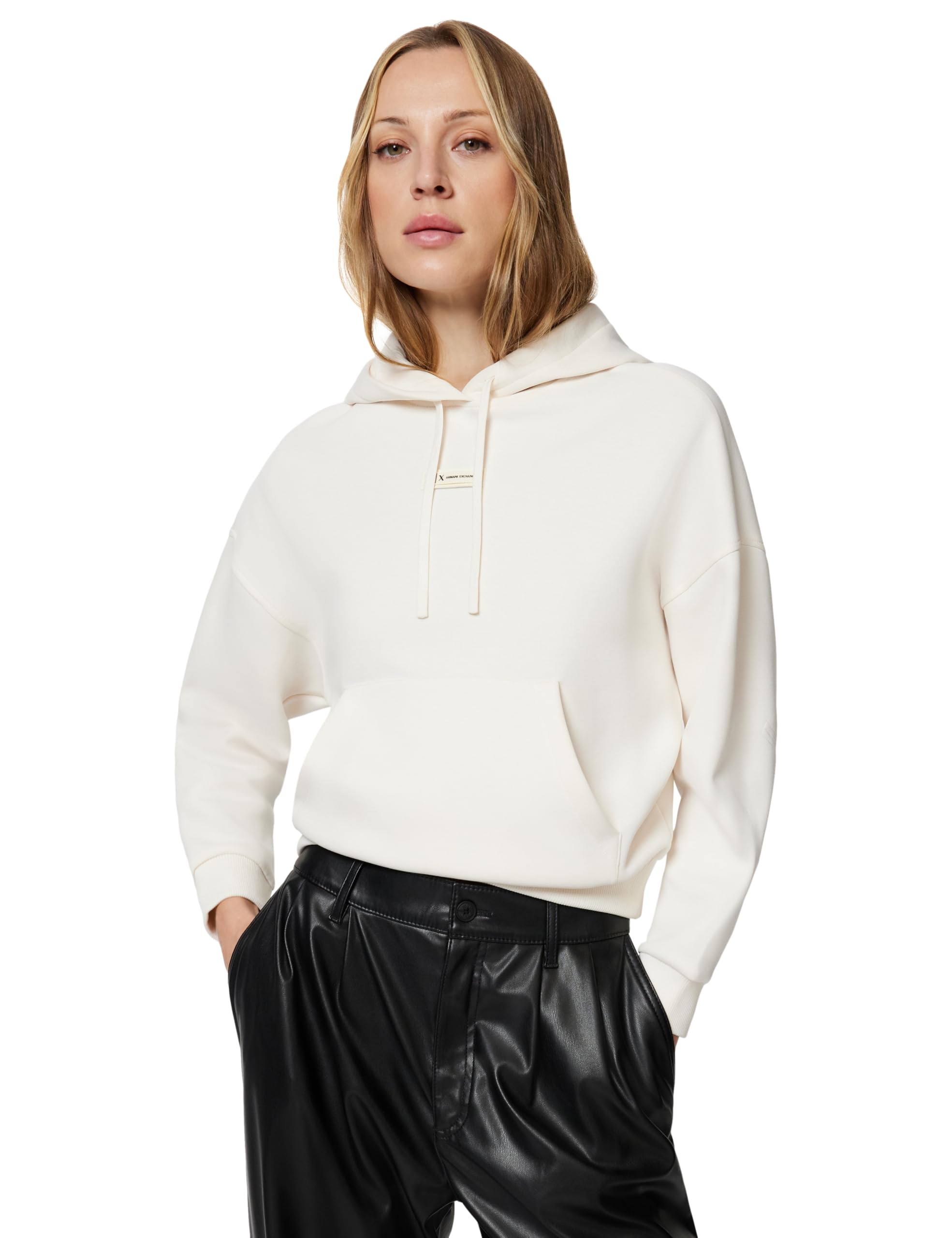 Armani Exchange Women's Cross Gender, Cuffed Sleeve small Front Logo Relaxed fit, Sweatshirt, White, S