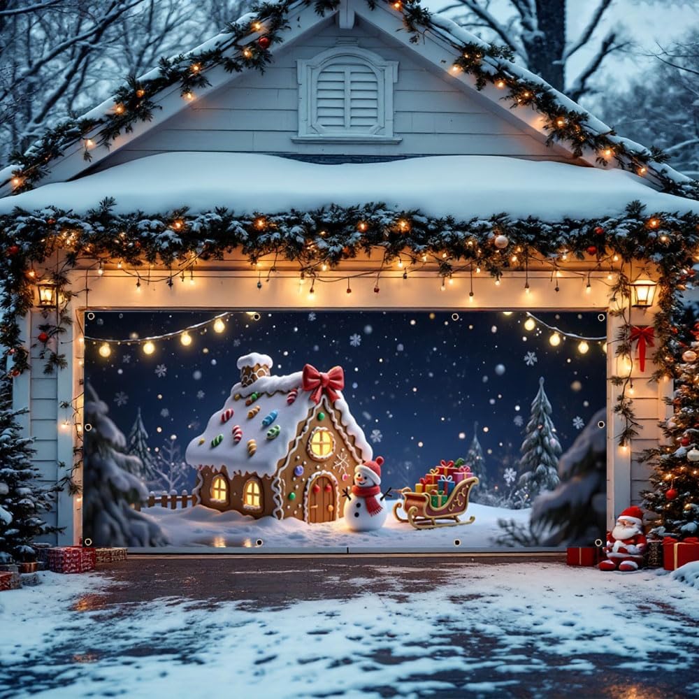 7x16ft Christmas Gingerbread Garage Door Decorations Snowy Night Candy Gingerbread Snowman Christmas Garage Door Cover Banner for 2 Car New Years Xmas Party Supplies Backdrops for Photoshoot