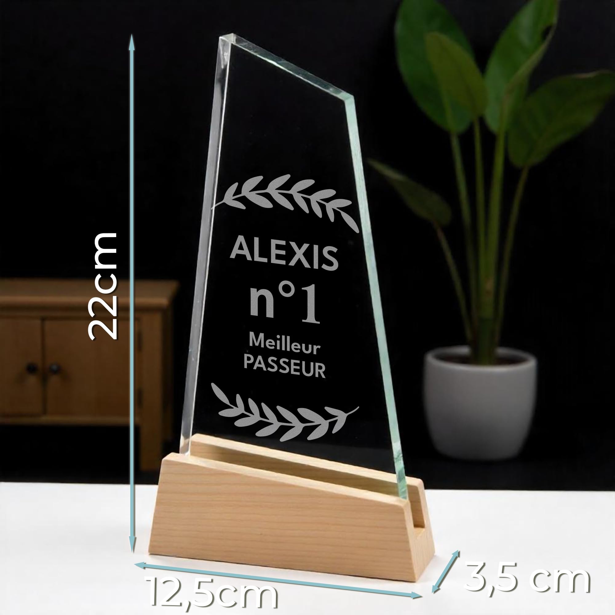 KDO MAGIC - Trophée Personnalisable Base en Bois - Coffret Cadeau Inclus - Verre gravé - Texte, prénom ou Date gravé - Retraite, Récompense, Sport