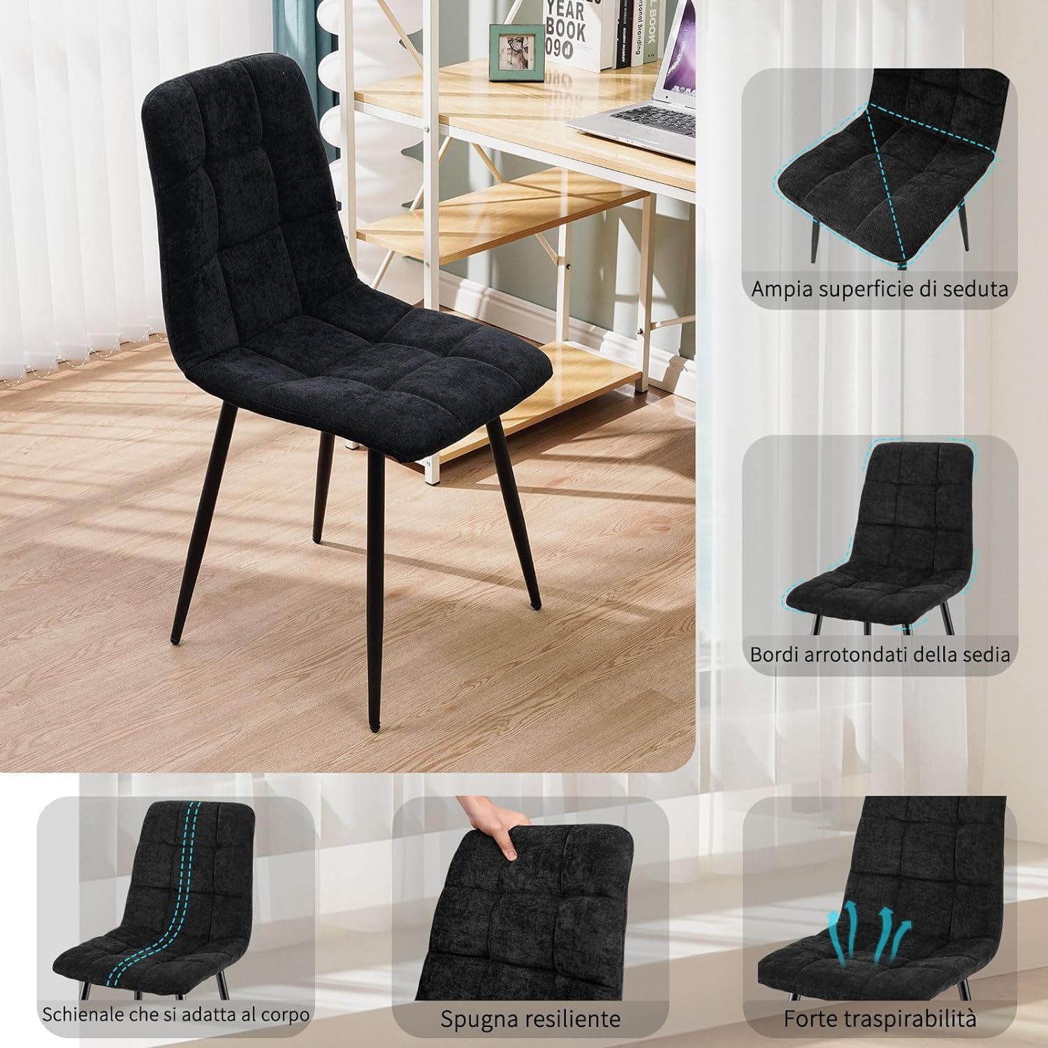 JIJIAN Set 4 Sedie da Pranzo, Sedie da Cucina in Lino, Nero | Gambe in Metallo, Stile Moderno, Portata Fino a 120 kg, Sedie Imbottite per Sala da Pranzo, Soggiorno e Cucina
