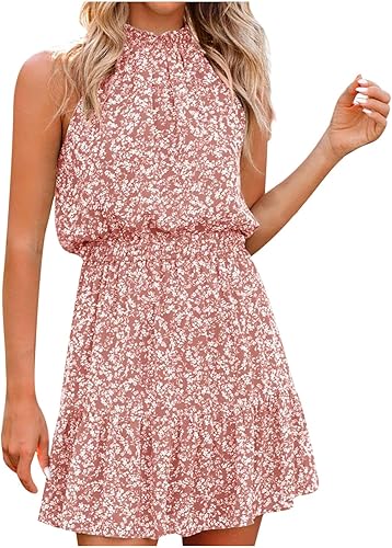 Women 2023 Summer Halter Neck Dress Sleeveless Casual Floral Polka Dot High Waisted Boho Short Flowy Ruffle Sundress