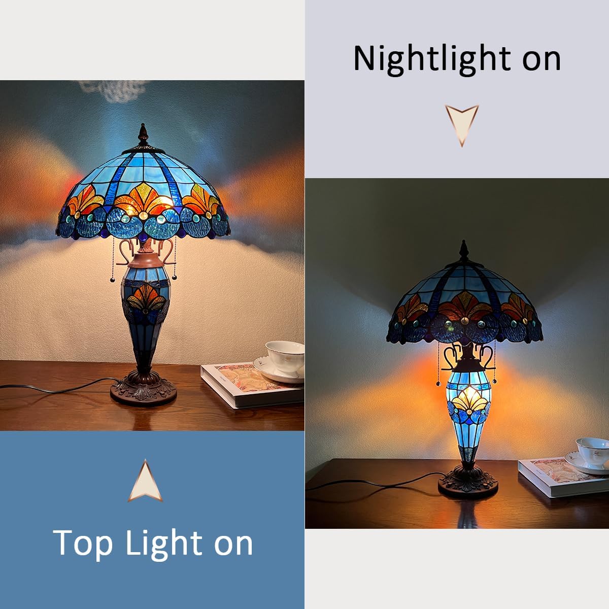 Tiffany Table lamp with nightlight,Blue Stained Glass Desk Light - Antique Style 16” Large 3-Lights Nightstand Bedside Reading Light for Living Room Bedroom Office