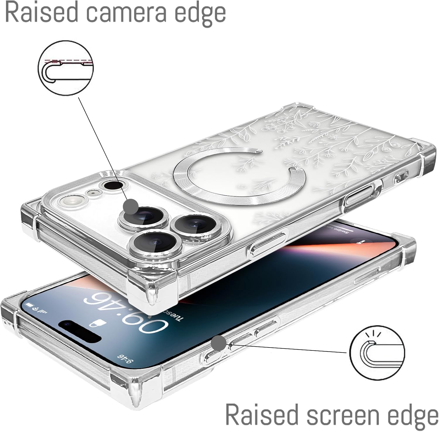 LSL Designed Case for iPhone 17 Pro Max [Compatible with MagSafe] Flower Pattern Design Soft TPU Anti-Drop Shockproof Protective Slim Luxury Floral Plating Clear Cover - Silver