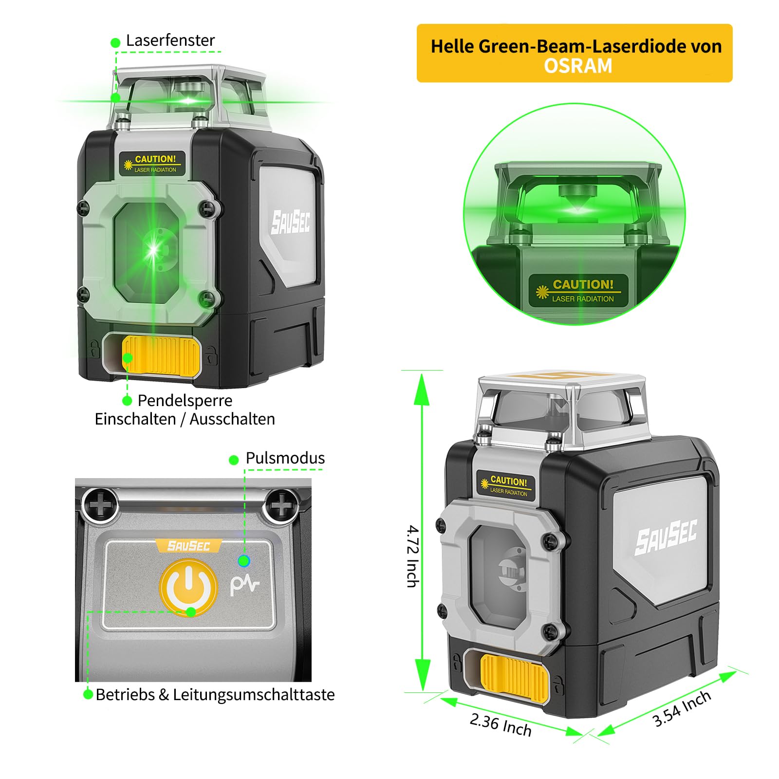 Niveau à bulle laser SAVSEC vert, 1 × 360° Laser en croix auto-nivelant, 5 lignes 45 m Niveau à bulle laser en croix avec mode manuel, automatique et impulsion pour chantier de construction intérieur