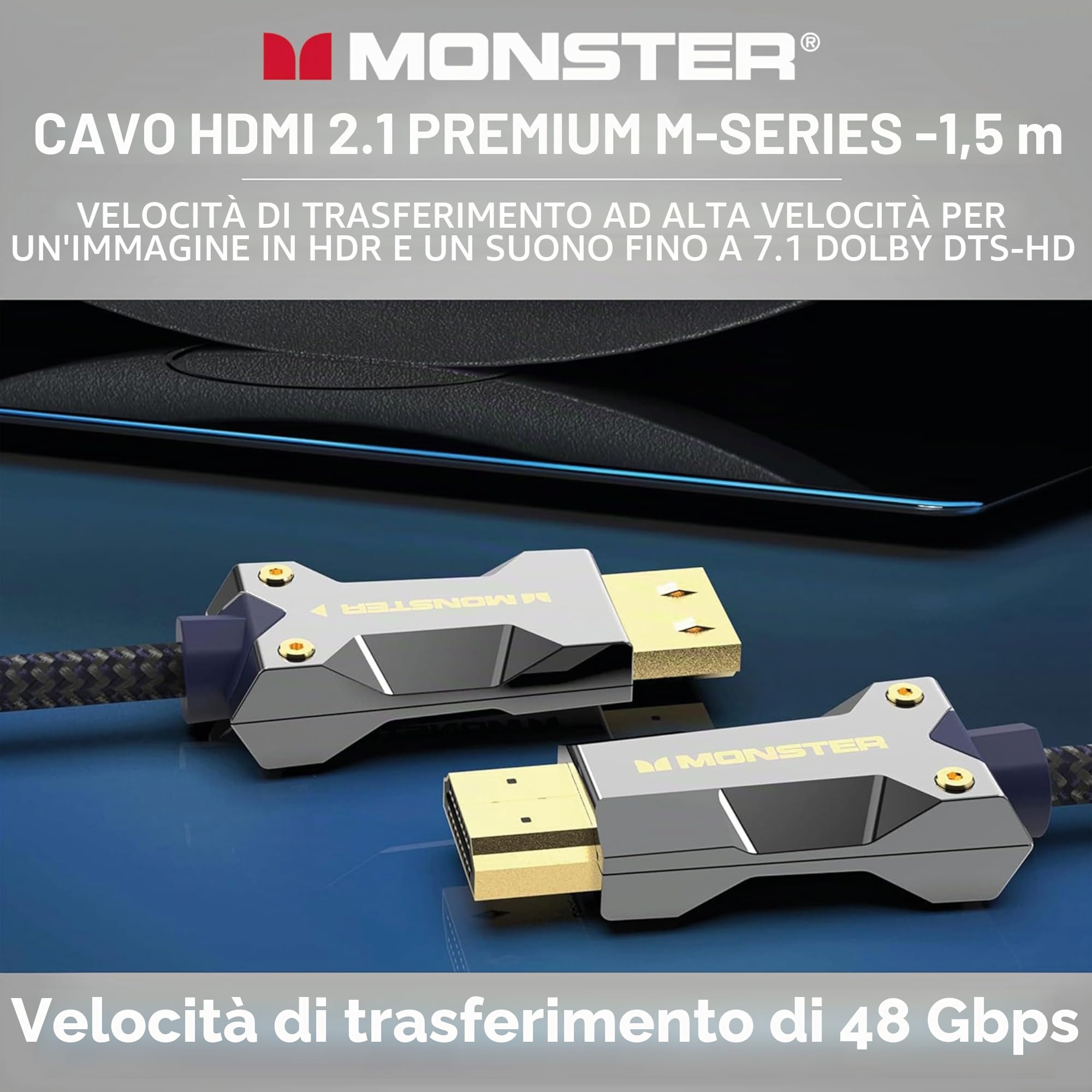 Monster - Cavo HDMI 8K Video HDR 48GBPS, Velocità Flash, Connettori V-Grip Tripla Schermatura, 1,5 m, Nero