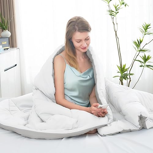 Miniatura 4 de JOLLYVOGUE Juego de edredón tamaño Queen color blancogris claro, juego de cama reversible en una bolsa para todas las estaciones, juego de cama de 3