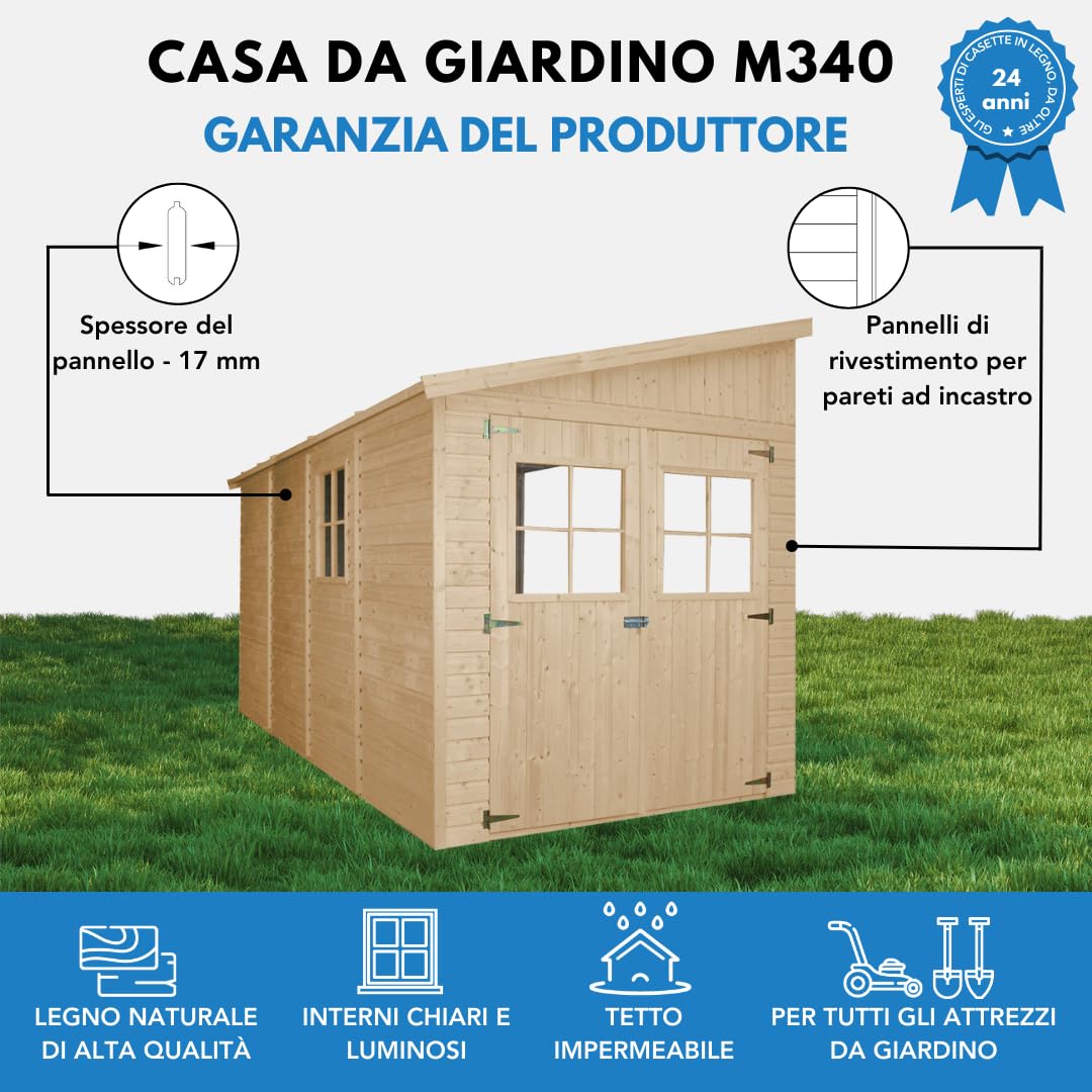 Casa da giardino in legno naturale (senza parete laterale) 416x216 cm/8 m²- Magazzino esterno con finestre - Capanno da giardino - Bici, Deposito attrezzi e rimessa TIMBELA M340