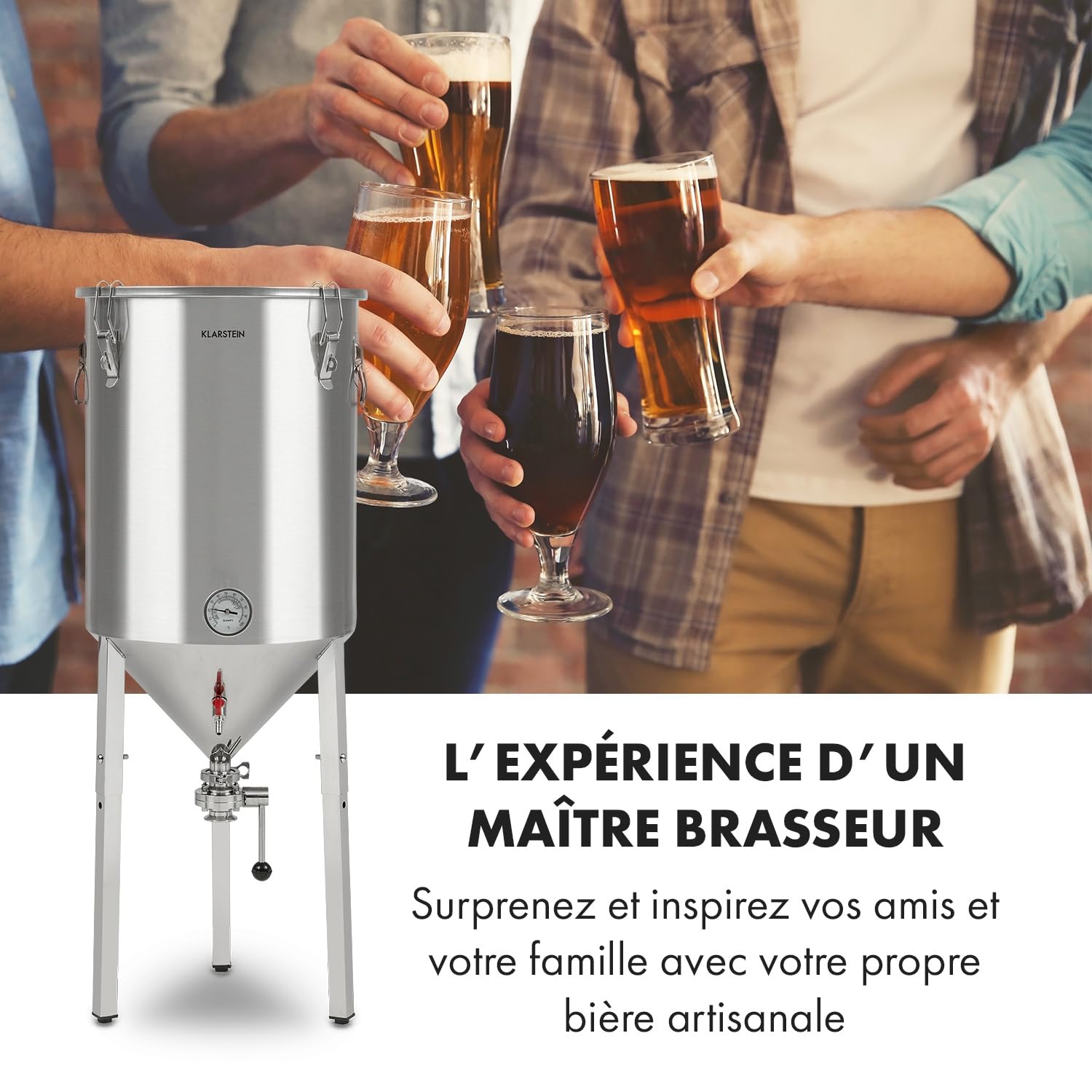 Klarstein Gärkeller Kit de Brassage de Bière - Cuve de Fermentation avec Thermomètre, Cuve Conique en Inox, pour Brasser Bière ou Vin, Barboteur Couvercle Hermétique, Robinet, Pro 60 L, Argent