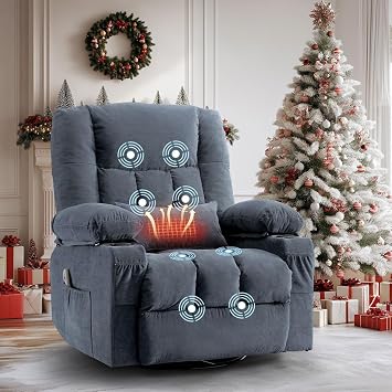 Swivel Recliner Chair for Adults,Rocker Recliner with Vibration Massage and Lumbar Heat,Ergonomic Rocking Chair with Side Pocket,2 Cup Holders,USB Charge Port for Living Room