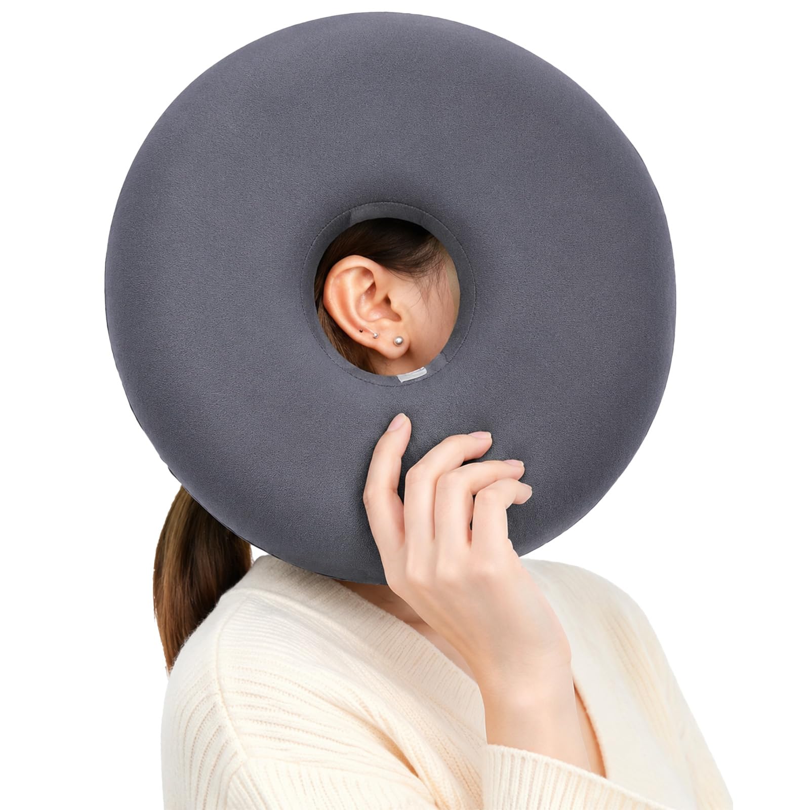 QFWFG Donut Ear Piercing Pillow for Side Sleepers, 25cm Memory Foam Pillow With Hole For Ear, Removable Washable Cover Soft Adjustable Piercing Pillow For Pierced Ear Relief Sleeping (Grey)
