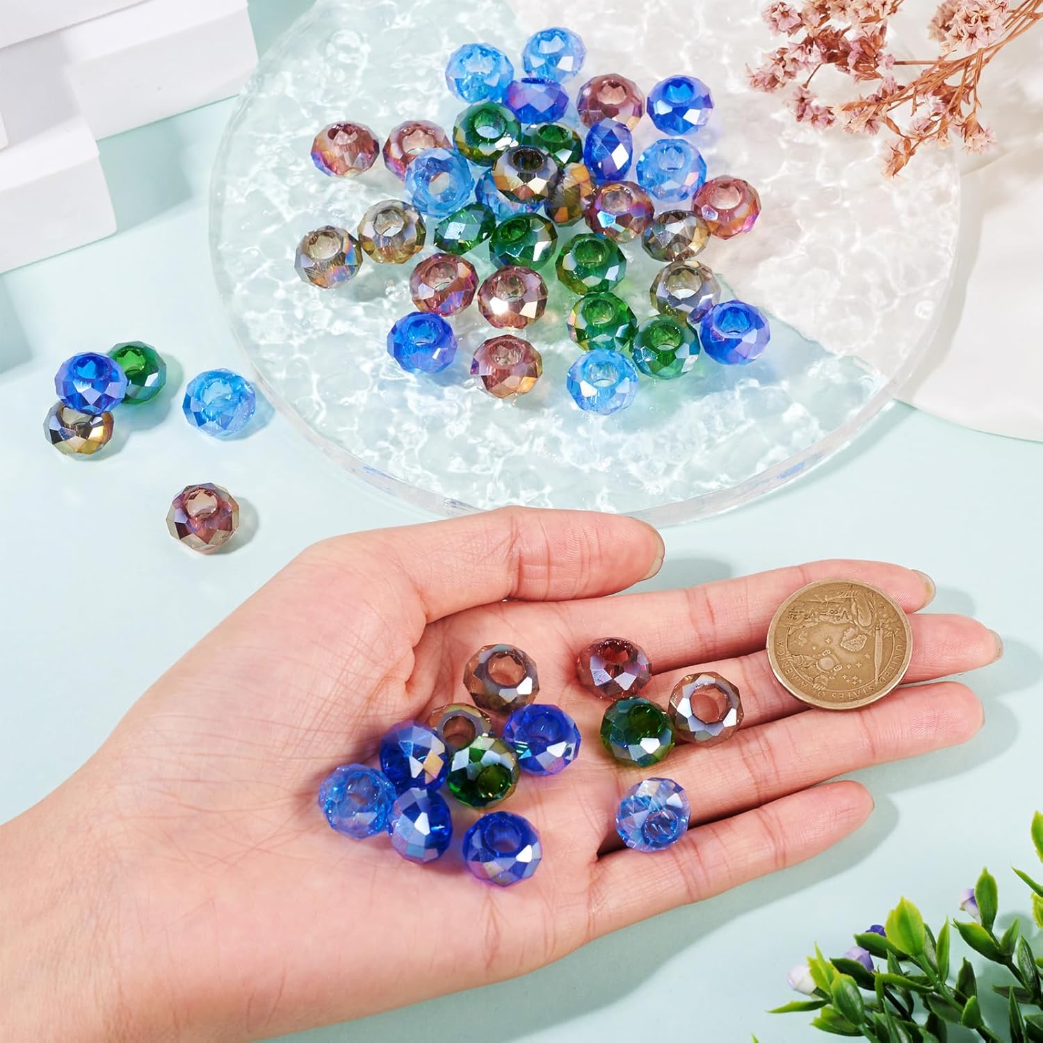 KISSITTY 50 Pcs Glass Faceted Rondelle Glass European Large Hole Beads AB Color Bulk Mixed Color Crystal Loose Spacer Beads Assorted European Craft Bead for DIY Necklace Bracelet Jewelry Making - Image 4