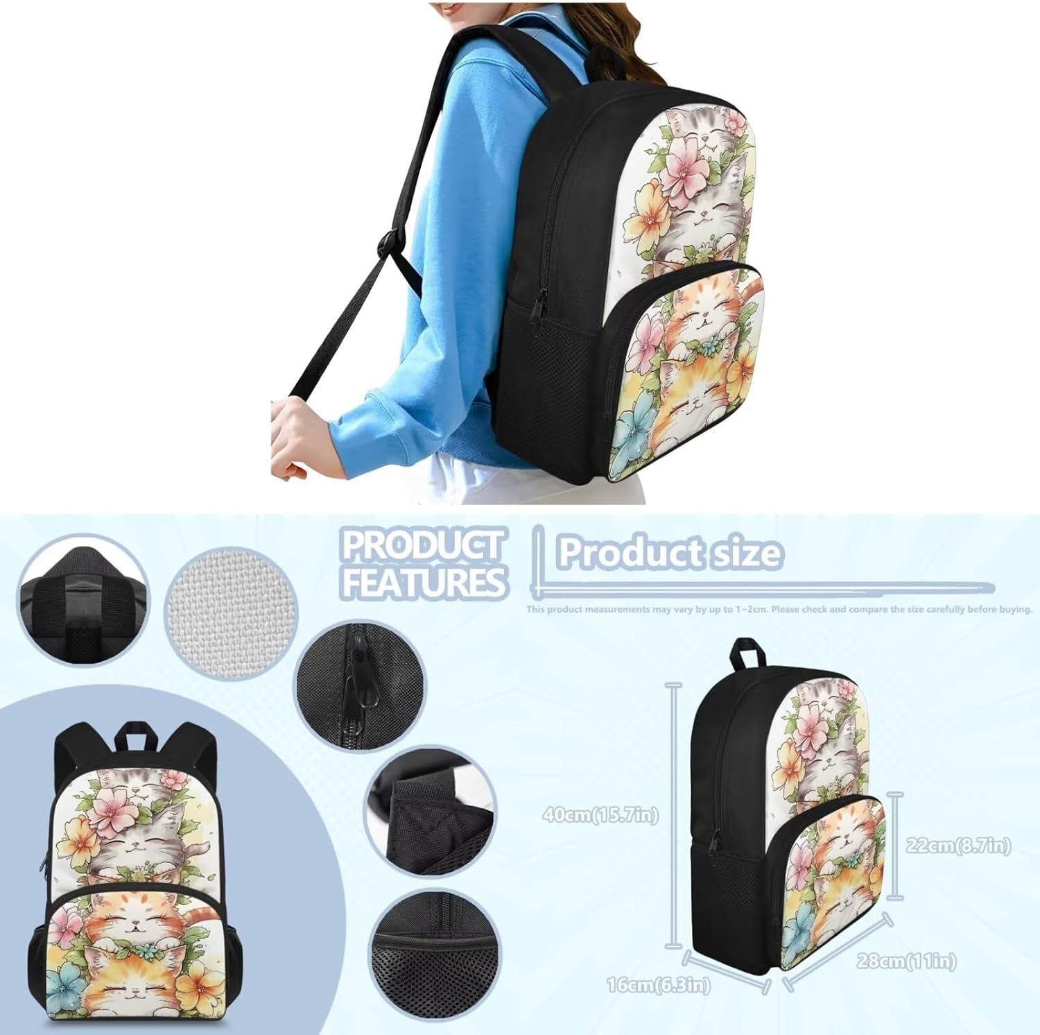 Flashideas Cute Cat Kids Backpack Set of 4 School Backpacks for Girls School Backpack with Lunch Box Pencil Case and Water Bottle Case Cover Capacity Waterproof Bookbag for Girl Kid Students