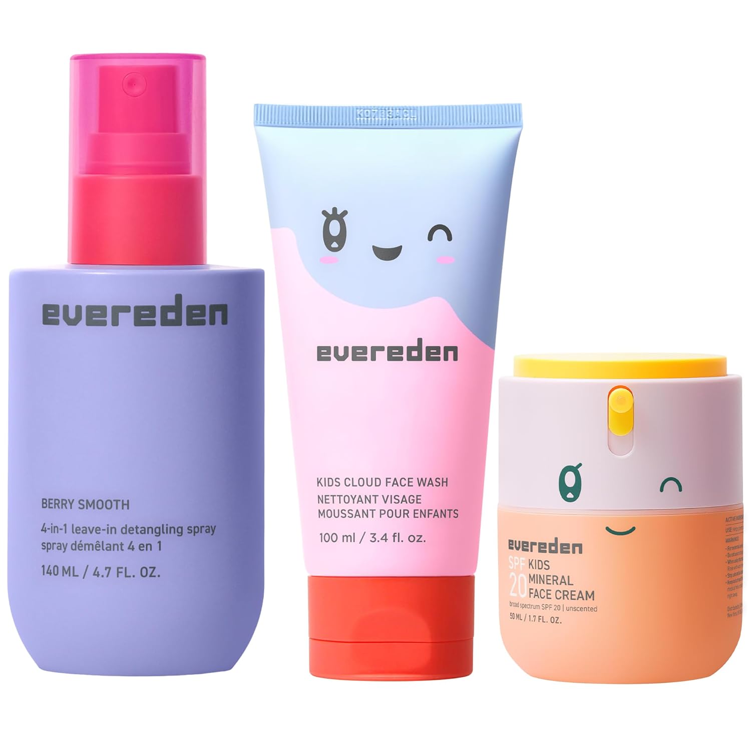 Evereden Kids Detangler Spray & Happy Morning Duo | Detangler Spray - Tackle Tough Knots & Cloud Face Wash + SPF 20 Mineral Face Cream | Vegan, Non-Toxic Hair & Skin Care for Kids 3+