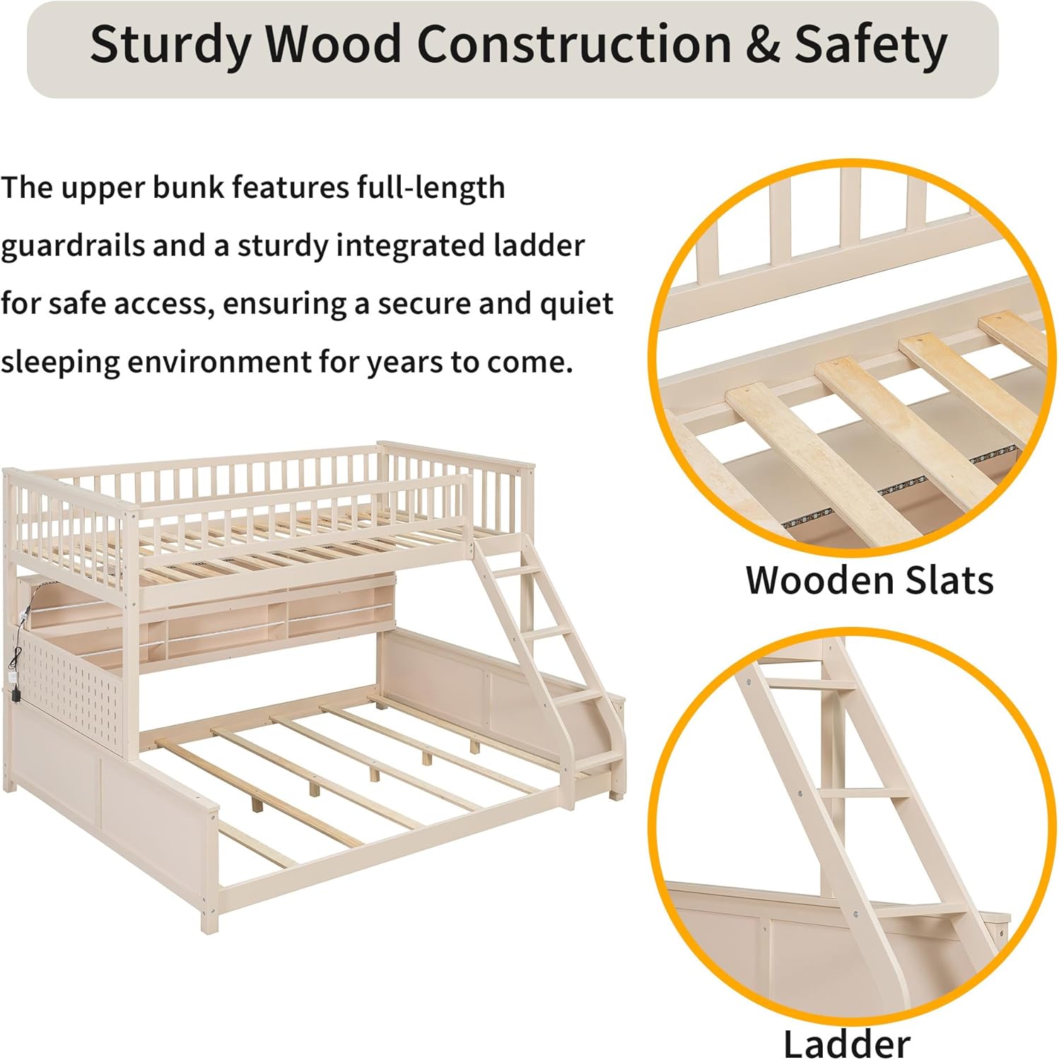 Bellemave Twin XL Over Queen Bunk Bed with Shelving, Color-Changing Lights & Pegboard – Convertible into Two Separate Beds – Sturdy Wood Frame, Beige