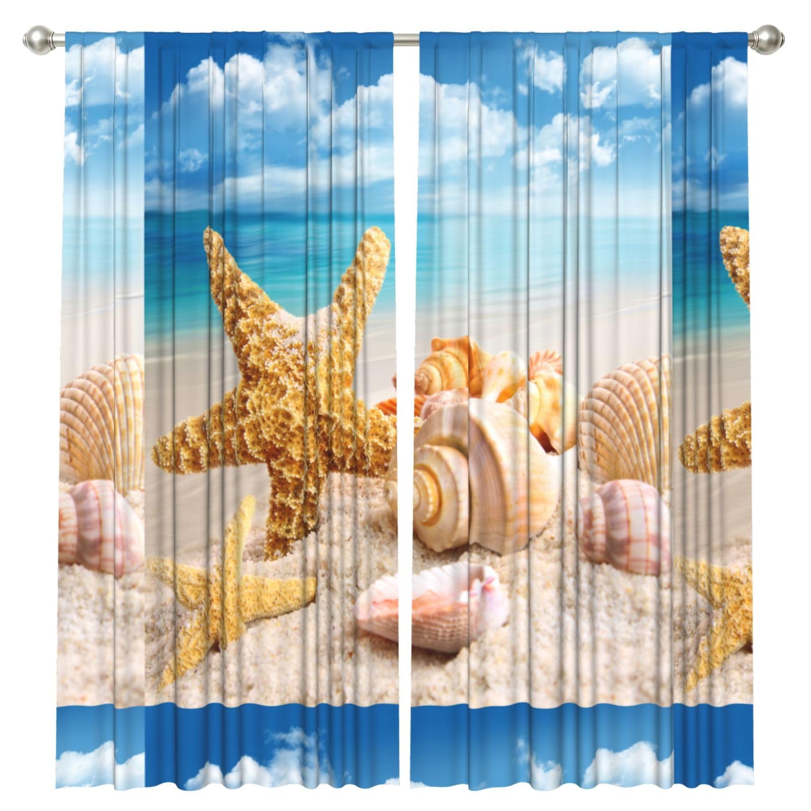 InOmak Starfish And Seashells On Beach, 2 Panels Window Curtains 52 x 84 Inch Blackout Curtains for Living Room Bedroom
