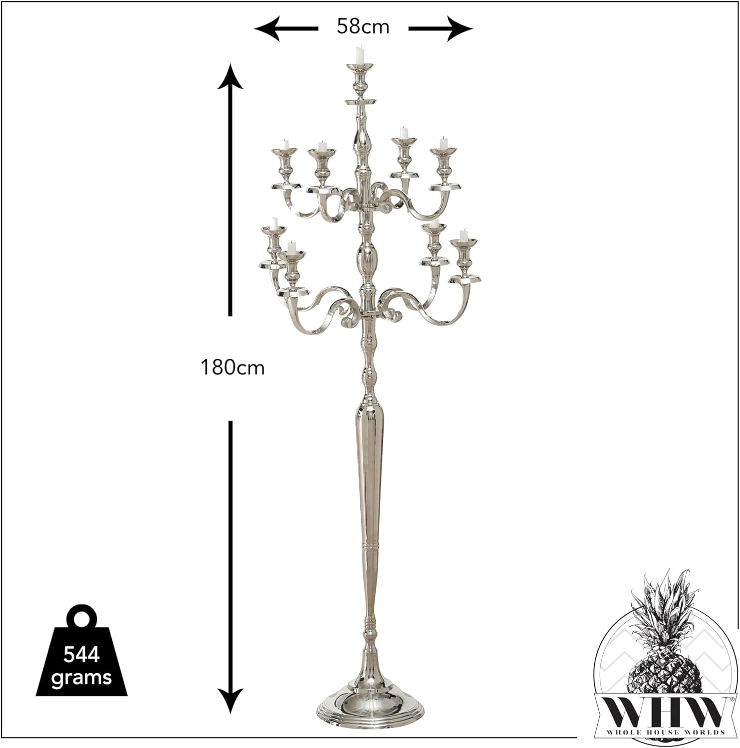 Hamptons Nine Candle Silver Candelabra, Handcrafted of Silver Aluminum Nickel, 6 Feet Tall (71 Inches Tall -180 cm) for 9 Candles
