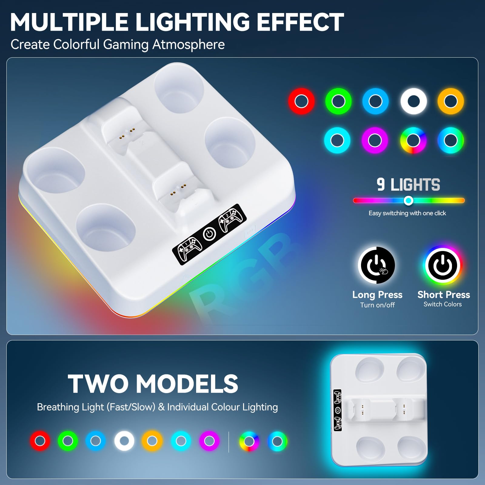 Supporto di Ricarica per PS5 Compatibile con P5 DualSense & Edge, Caricatore Joystick PS5 con 9 Luci RGB, Base di Ricarica per Dual Controller PS5, Accessorio PS5 Supporto con Cavo di Ricarica