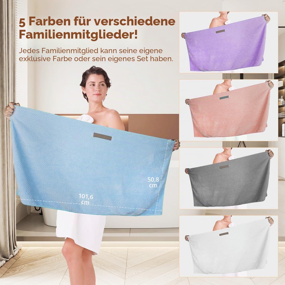 HOMEXCEL 5 Pack Mikrofaser-Haartücher - 40 x 20 Zoll Superweich, schnell trocknende Tücher für langes, Dickes, lockiges Haar - Anti-Frizz-Wickel mit elastischem Band