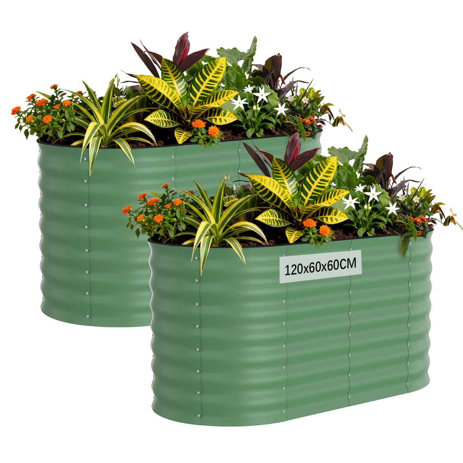Acekool 2PCS Hochbeet Metall 120x60x60CM—oval, Hochbeete für Garten und Gemüsegarten, mit Schnittschutzleiste, Gemüse & Pflanzen, Ideal für Gemüse, Kräuter & Blumen, Grün