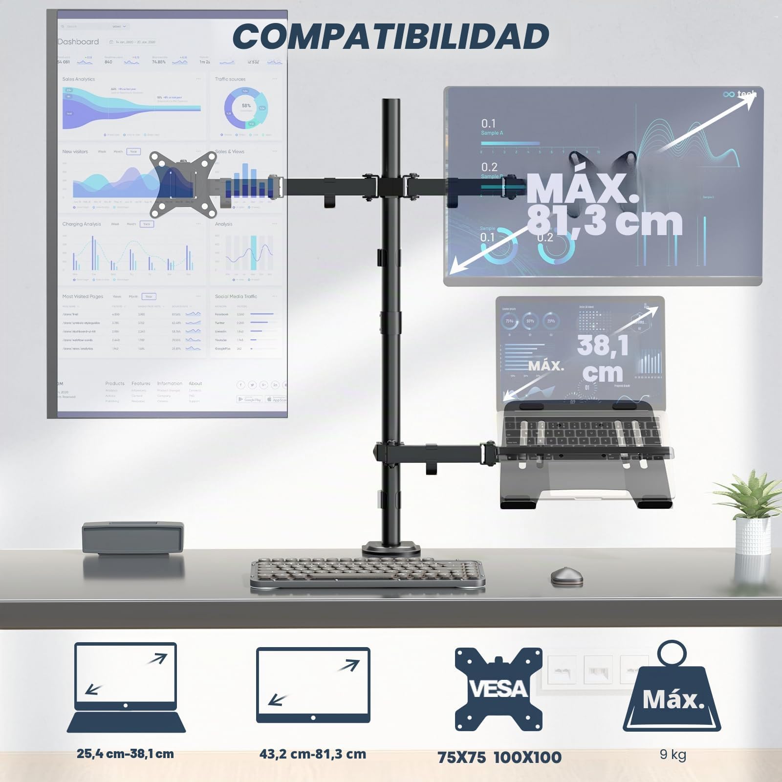 WORLDLIFT Soporte doble para monitor y soporte para laptop para dos monitores de 17 a 32 pulgadas y laptop de 10 a 15 pulgadas, soporte ajustable extra alto, capacidad de peso de 19.8 libras por brazo