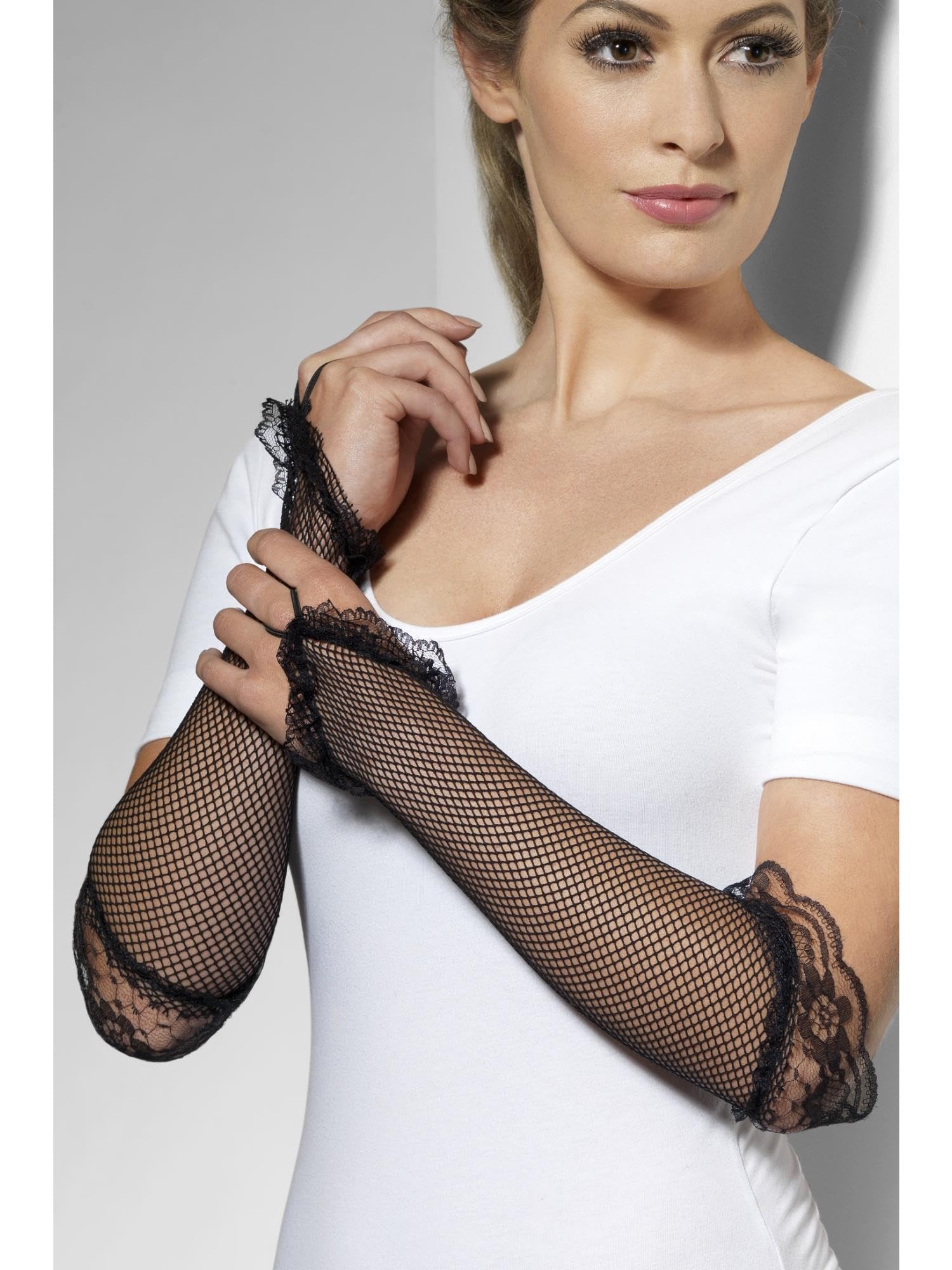 Fever Long Fingerless Fishnet Gloves - Black - One Size