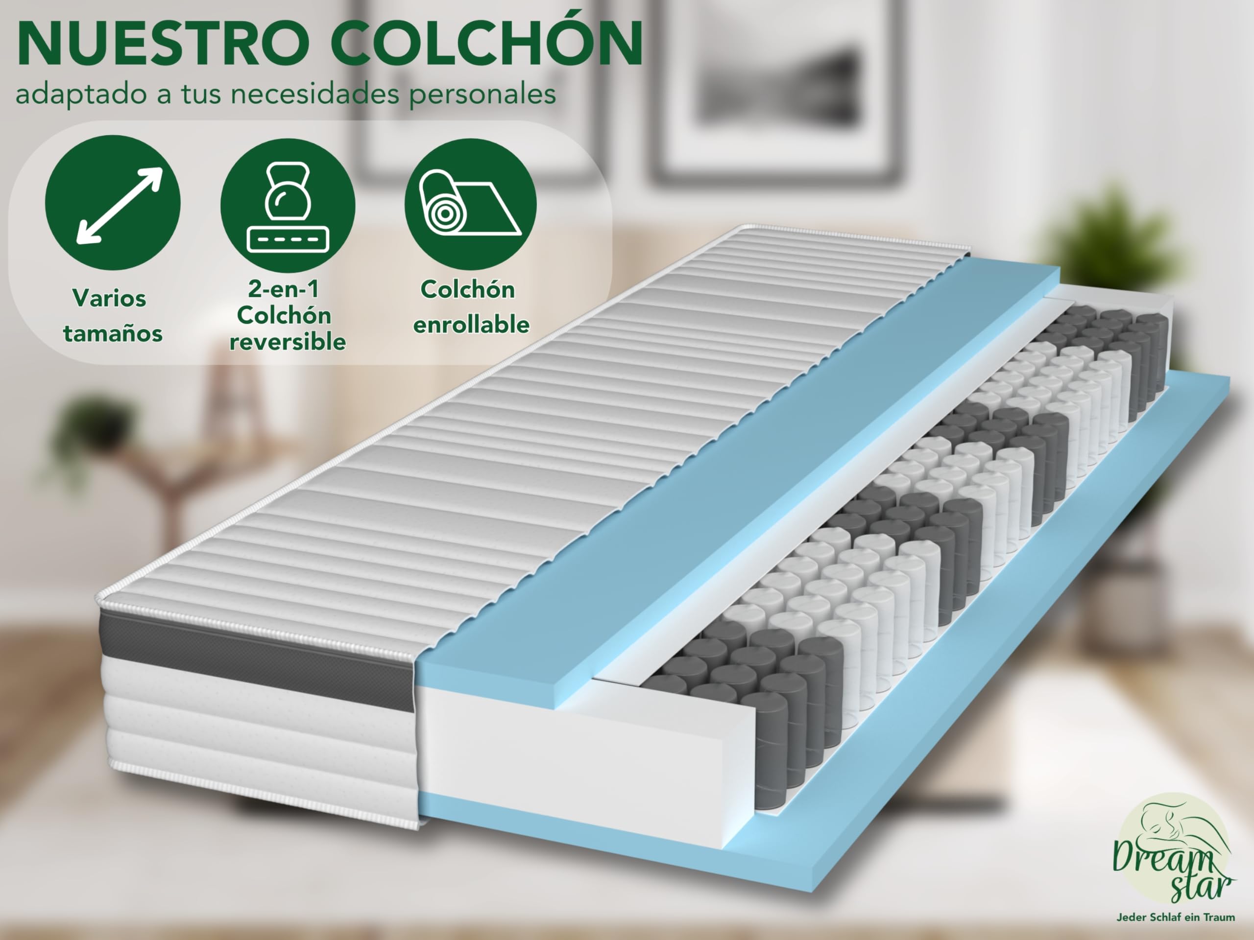 DREAMSTAR Colchón de muelles ensacados dorado, 90 x 200 cm H2, colchón ergonómico de 7 zonas, 21 cm de altura, hipoalergénico y antibacteriano, Öko-Tex®, funda doble lavable, 21 cm, 90 x 200 cm