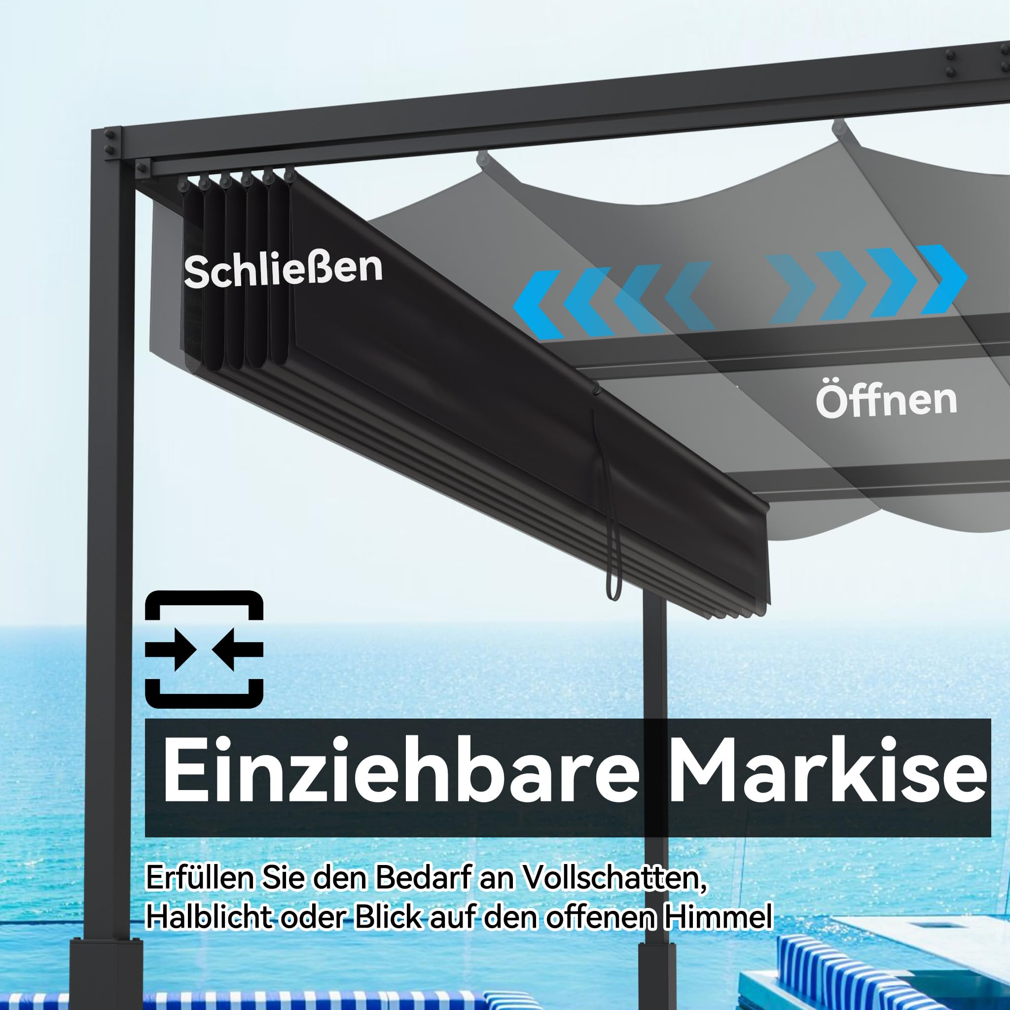 Metall Pergola mit Schiebedach, 3x4 m Pavillon Stabil Terrassenüberdachung Sonnenschutz überdachung Freistehend Gartenpavillon mit Robusten Metallsäulen für Gärten Schwarz