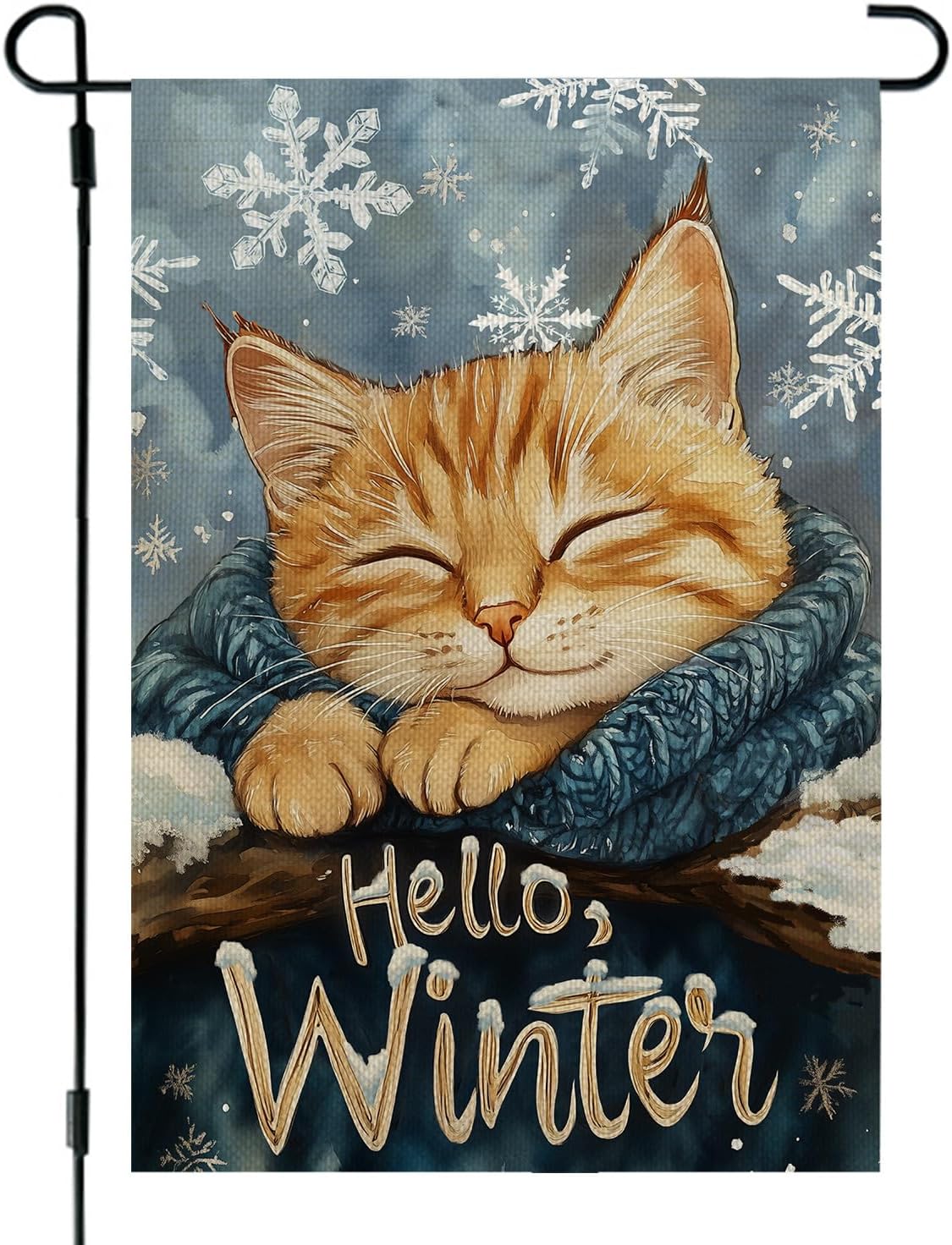 CROWNED BEAUTY Hello Winter Garden Flag Cat 12x18 Inch Double Sided Blue Decoration for Outside Yard CF1905-12
