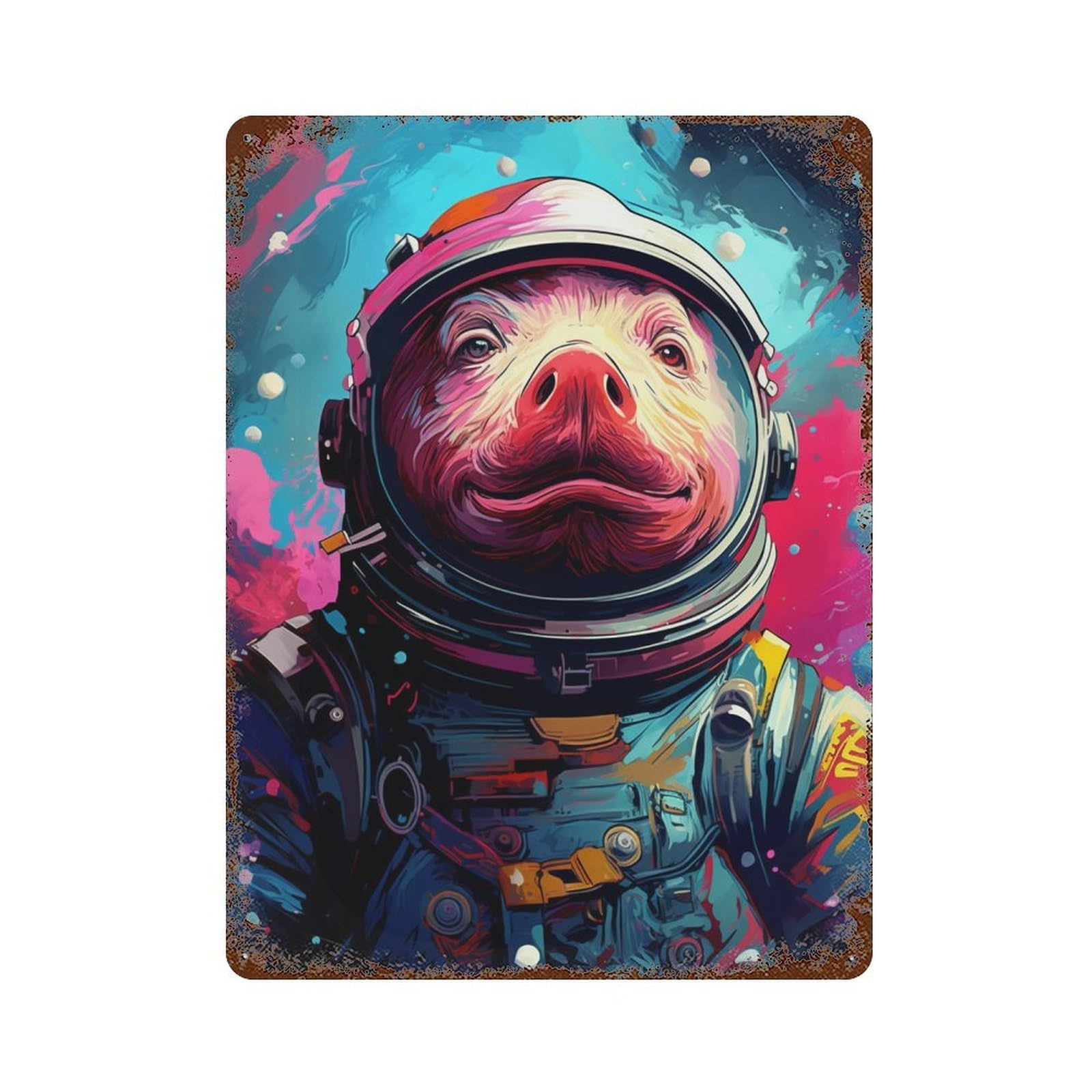 Pig Astronaut Space Suit-13 Rust Effect Tin Sign 15.7"x11.8", Vintage Wall Decor for Pub, Kitchen And Man Cave Decor