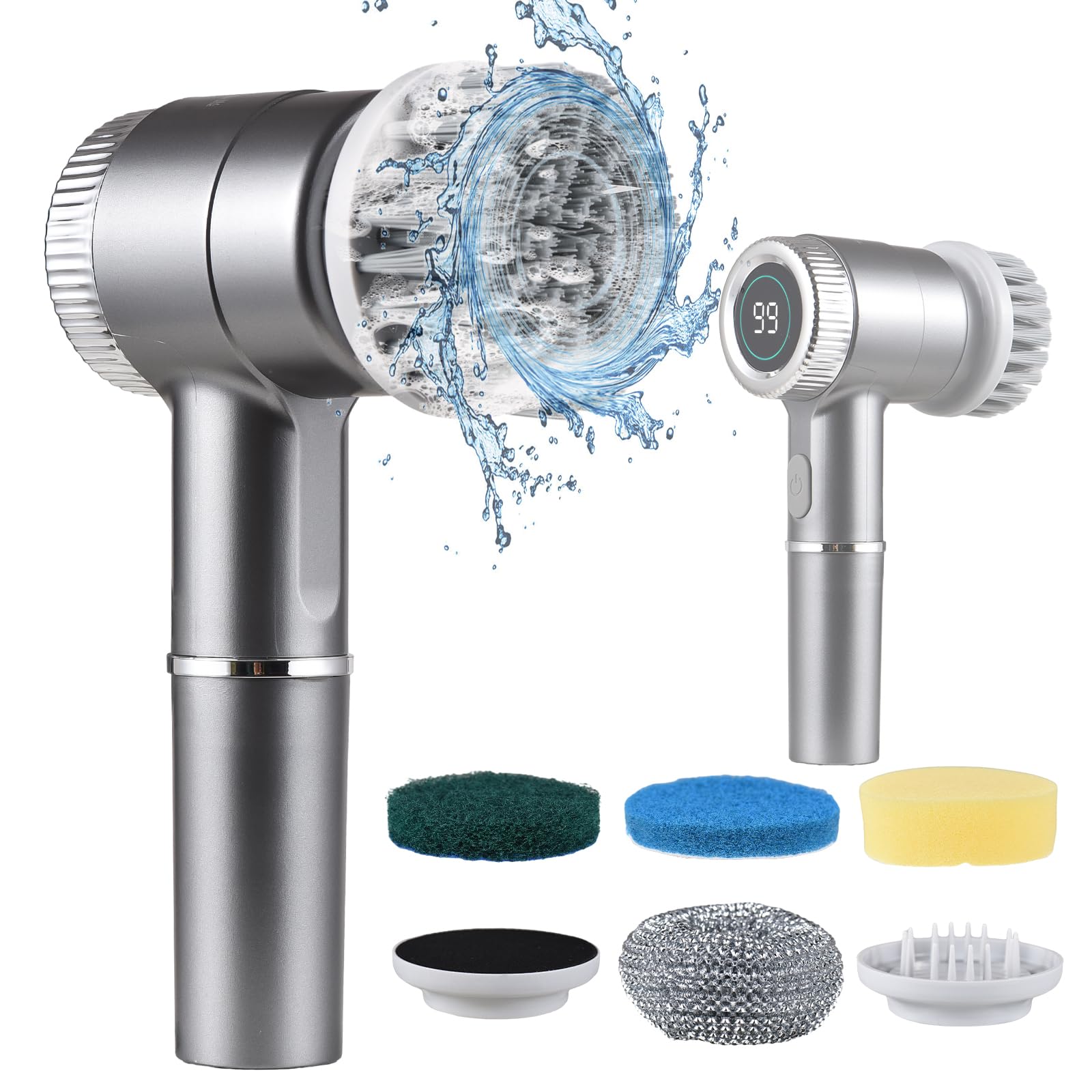 Decdeal Electric Cleaning Brush Set, Cordless Electric Spin Scrubber Waterproof 3 Speeds Digital Display Handheld Scrubber with 5 Brush Heads Ideal