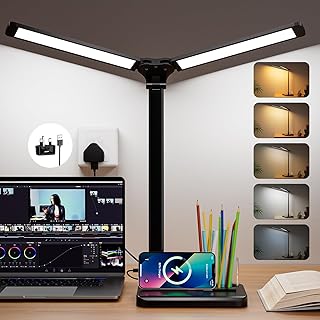 RealPlus LED Desk Lamp, Double Head Eye-Caring Desk Lamps, Touch Control Table Lamp, Home Office Lamp, 5 Color Modes & 10 Brightness Levels, Reading Light for Study, Work, Back to School, Gifts