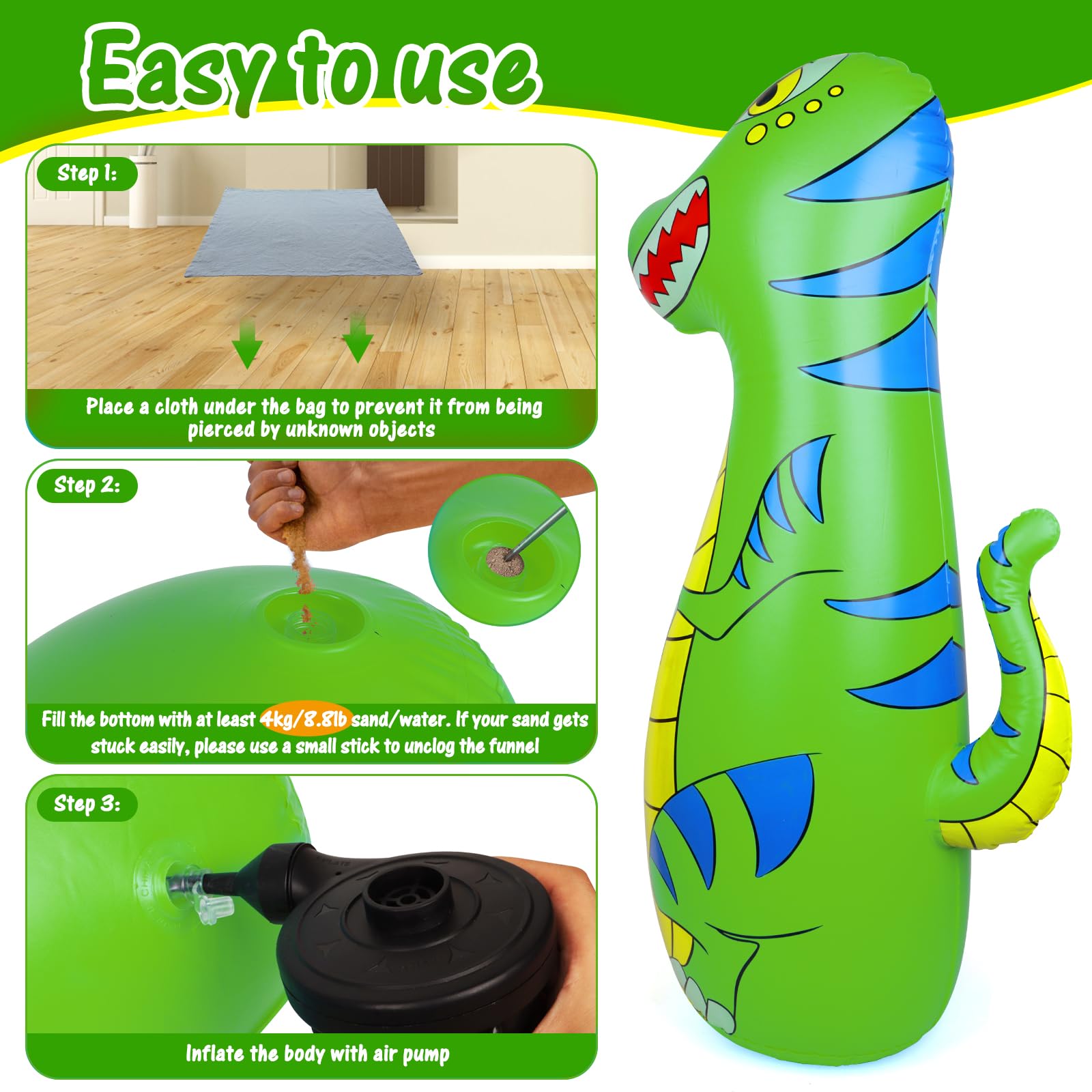 Sacco da Boxe Bambini 120cm Gonfiabile Dinosauro con Materiale Sicuro più Spesso Rimbalzo Istantaneo con Guanti da Boxe Kickboxing Taekwondo Regalo per Bambini di Età 3-9 Ragazze Ragazzi