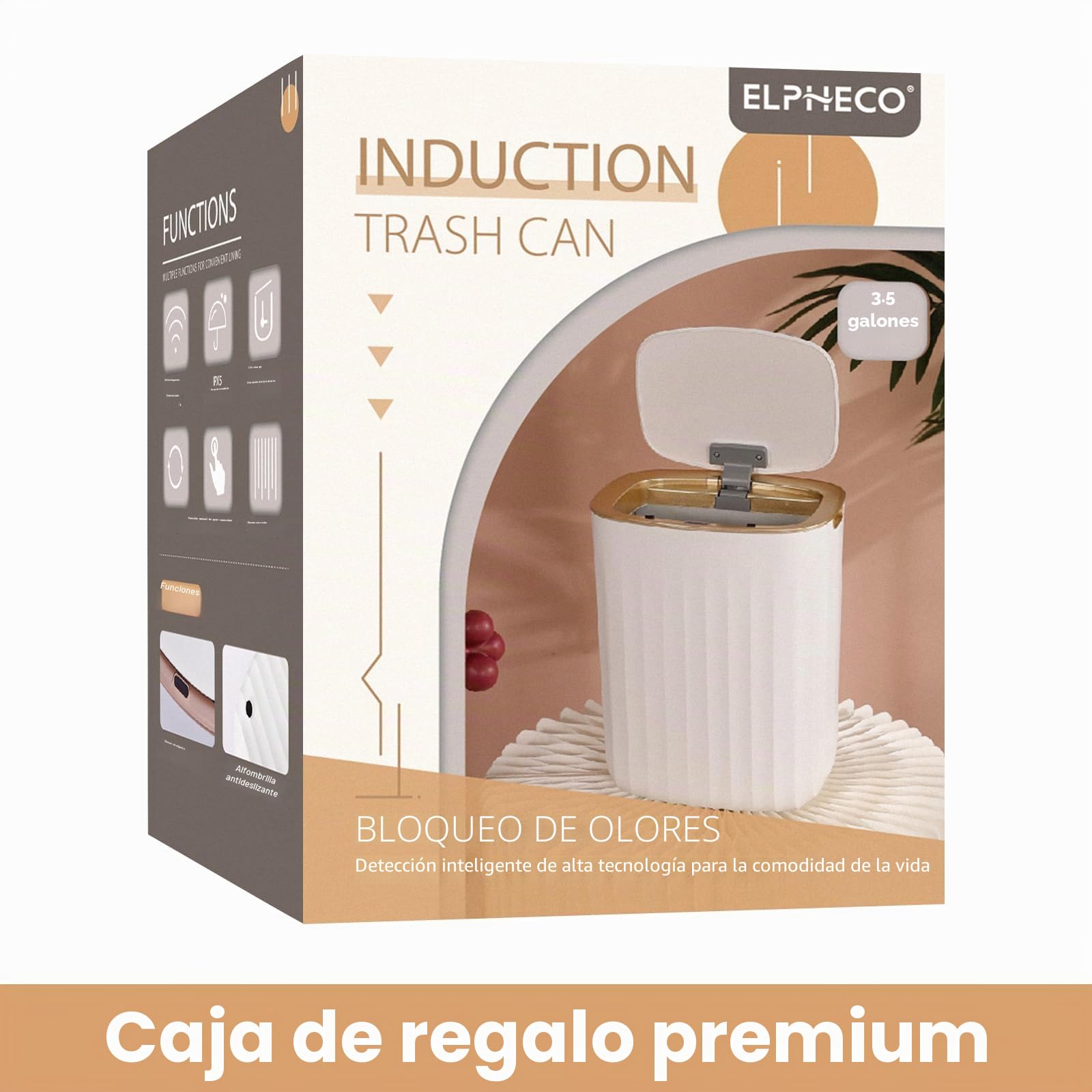 ELPHECO Cubo de basura impermeable de 13,24 litros con sensor de movimiento para dormitorio, con tapa, 3,5 galones de líquido, cubo de basura automático sin contacto para baño, sala de estar, oficina,