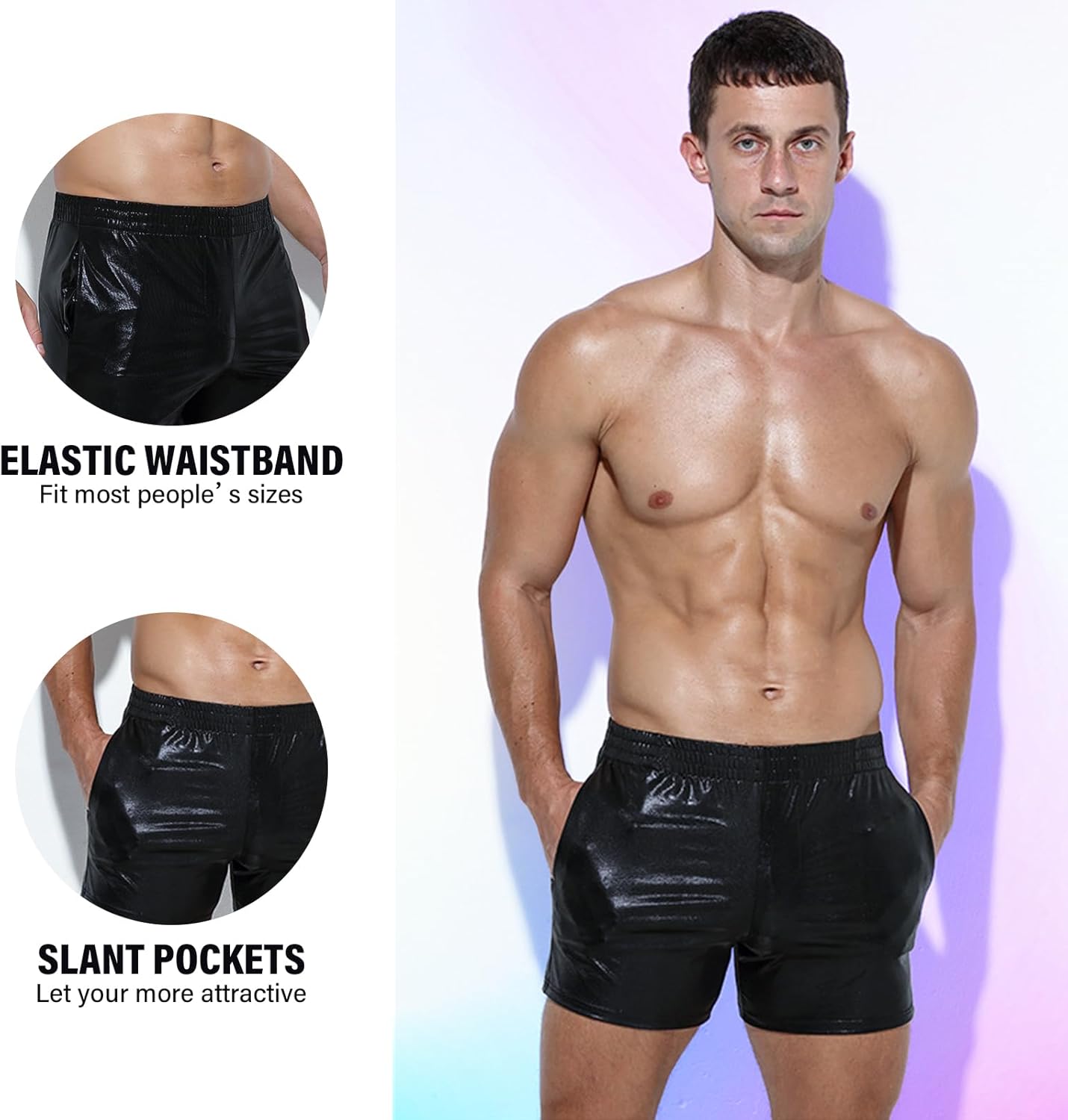 Mens Metallic Shorts Sparkly Shiny Holographic Short Pants Rave Outfits Booty Shorts with Pockets - Image 5
