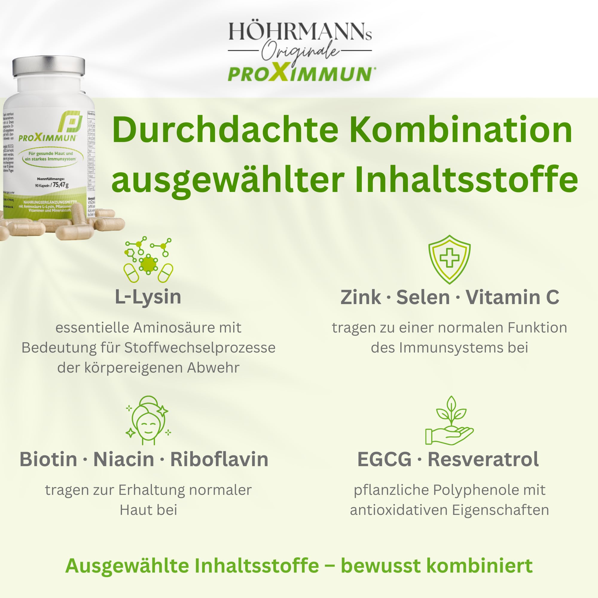 proXimmun L-Lysin Komplex – mit Zink, Selen, Vitamin C & B-Vitaminen, EGCG & Resveratrol – Nahrungsergänzungsmittel für gesunde Haut & starkes Immunsystem – 3 Monate Vorrat – hergestellt in Dtl.