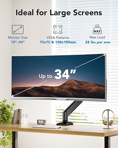 Miniatura 2 de HUANUO Brazo de monitor individual de 13 a 34 pulgadas, brazo de resorte de gas ajustable, soporte de escritorio para monitor para 4.4-22 libras,