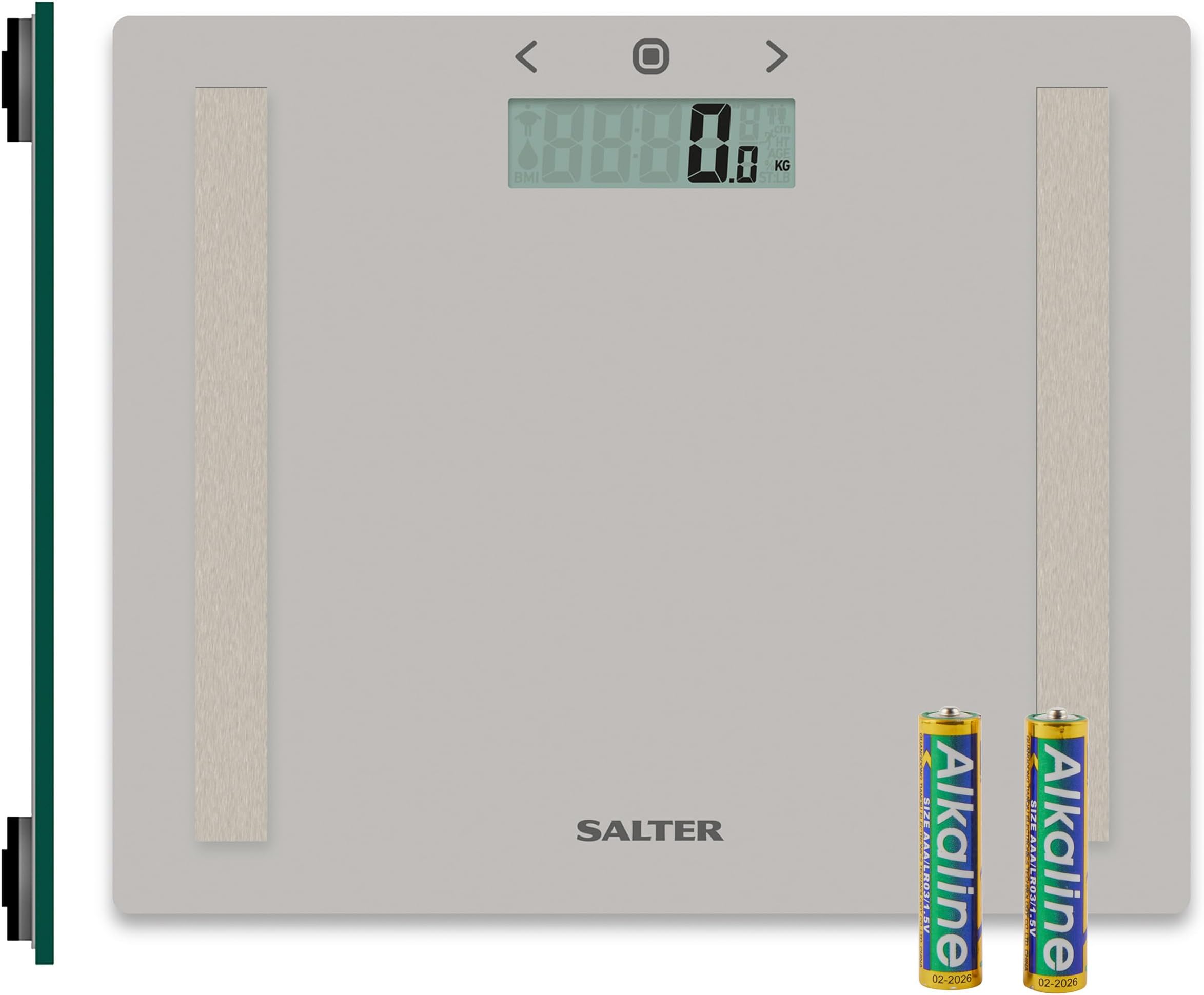 Salter 9113 GY3R Digital Bathroom Scale - Analyser Body Weight Scale, Max 150kg, Measure Weight/Body Fat & Water, BMI, Toughened Glass Platform, 8 User Memory, Athlete Mode, Slim Storage Design, Grey