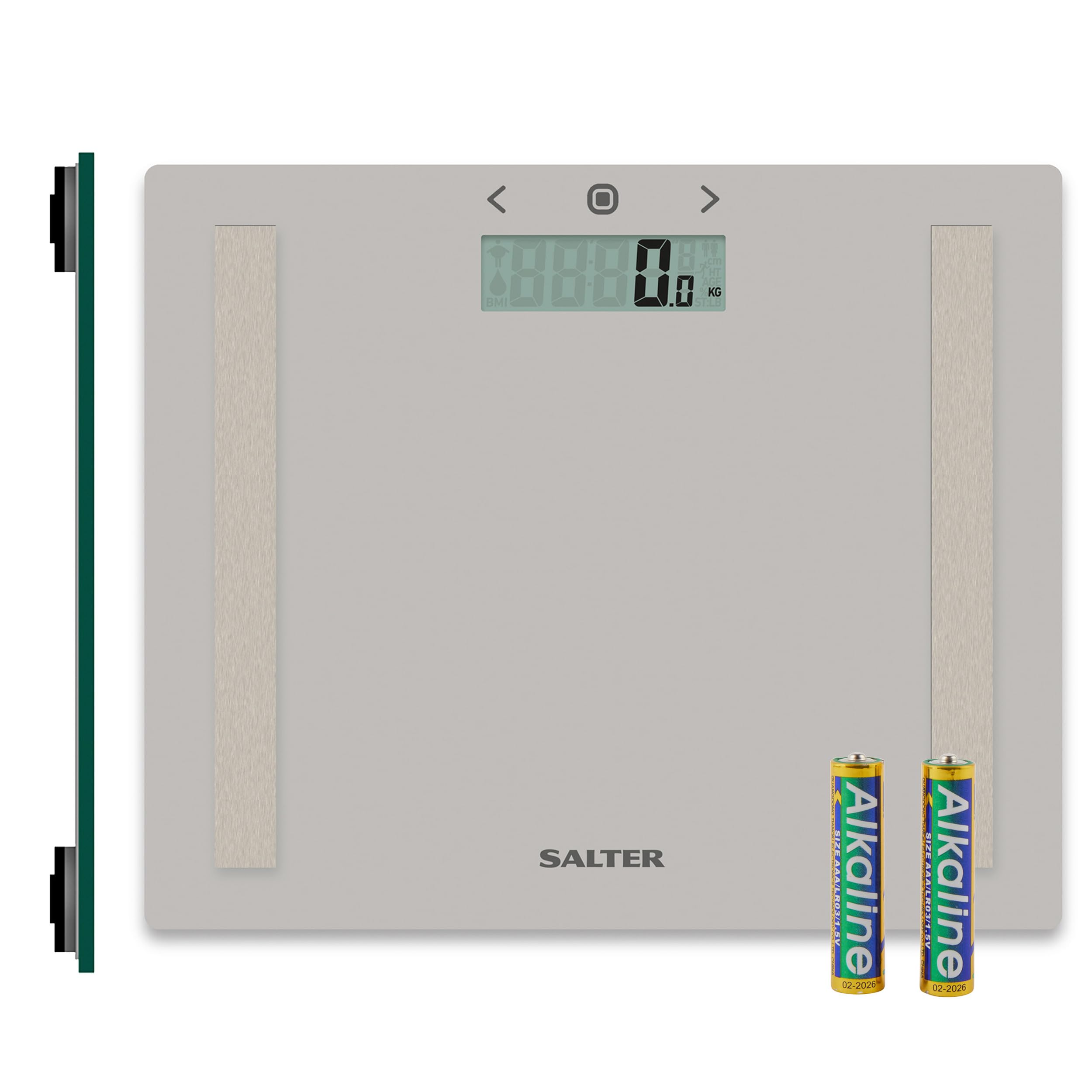 9113 GY3R Digital Bathroom Scale - Analyser Body Weight Scale, Max 150kg, Measure Weight/Body Fat & Water, BMI, Toughened Glass Platform, 8 User Memory, Athlete Mode, Slim Storage Design, Grey
