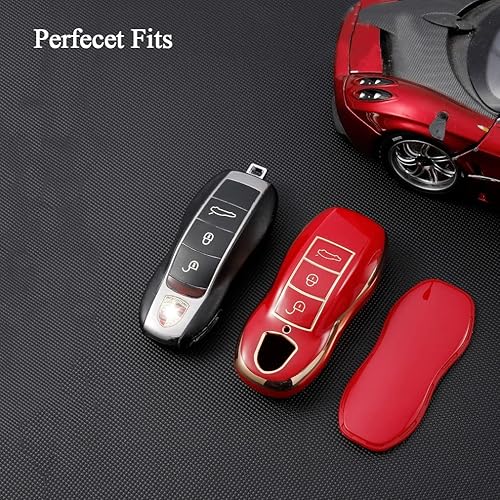 Miniatura 6 de SANRILY Funda de TPU suave con borde dorado para Porsche 911 Cayenne Panamera Macan Keyless Full Protection Key Case Shell con llavero de cuero