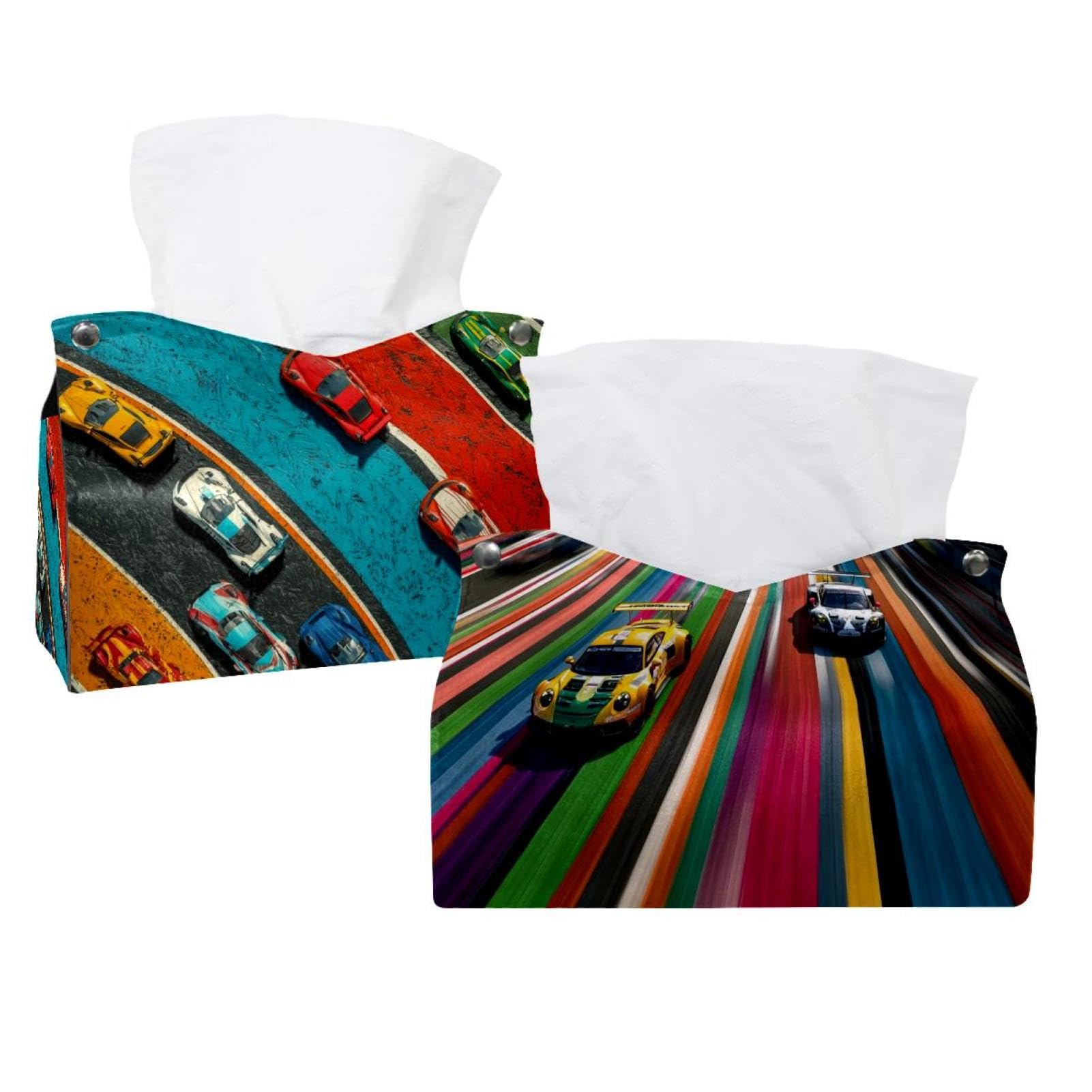 Boîte à mouchoirs en cuir coloré motif voitures de course pour intérieur soigné