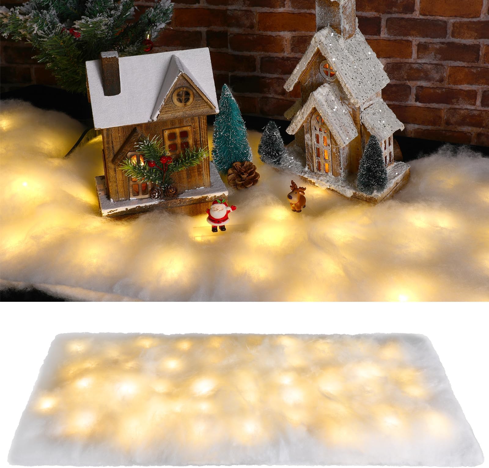 Tatuo 5 Pieces Christmas Snow Blanket with LED Lights Christmas Snow Table Runner White Non Woven Fake Xmas Artificial Table Blanket for Village (17.7 Inch x 6 Feet)
