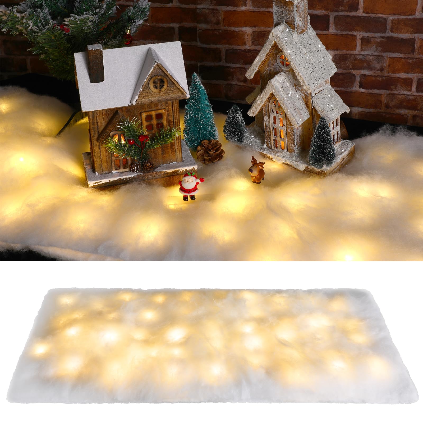 Tatuo 5 Pieces Christmas Snow Blanket with LED Lights Christmas Snow Table Runner White Non Woven Fake Xmas Artificial Table Blanket for Village (17.7 Inch x 6 Feet)