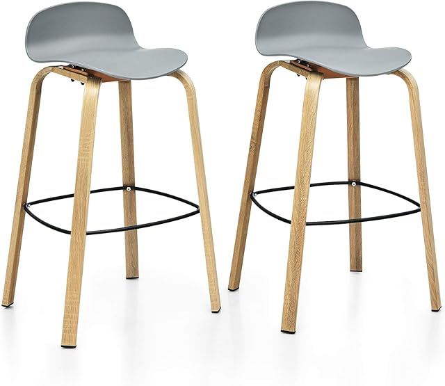 TANGZON Bar Stools Set of 2, Metal Legs Breakfast Kitchen Chairs with Footrest, Counter Height Stools for Home, Bar and Restaurant (Grey)