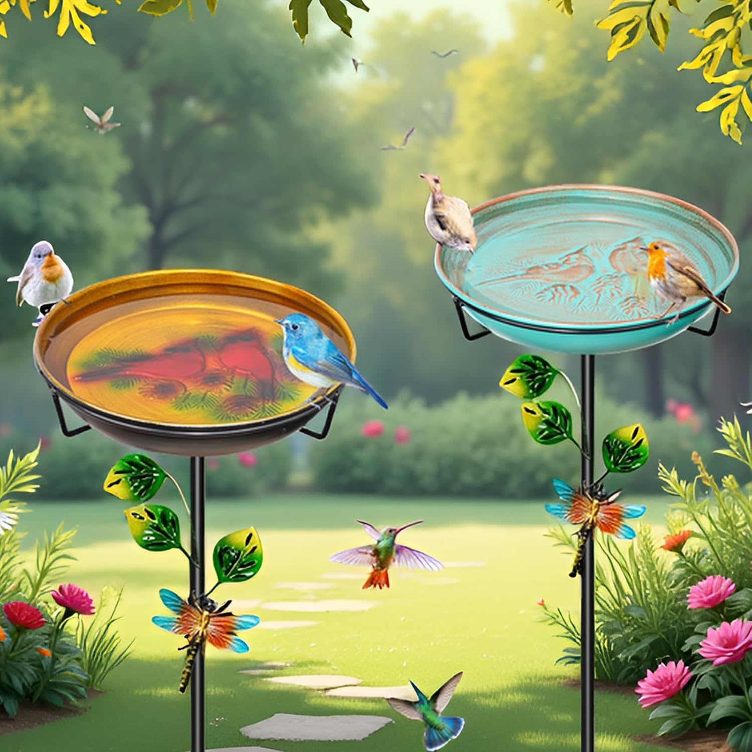 Metal Bird Bath for Outside, 35.4In Vintage Freestanding Garden Birdbaths & Birdfeeder with Upgraded 5 Prongs Base, Bird Baths Feeder Water Bowl for Outdoors Patio Yard Lawn Art Decor (Retro Green)