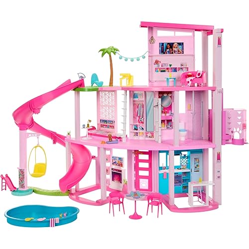 Barbie Dreamhouse, Pool Party Doll House with 75+ Pieces and 3-Story Slide, House Playset, Pet Elevator and Puppy Play Areas