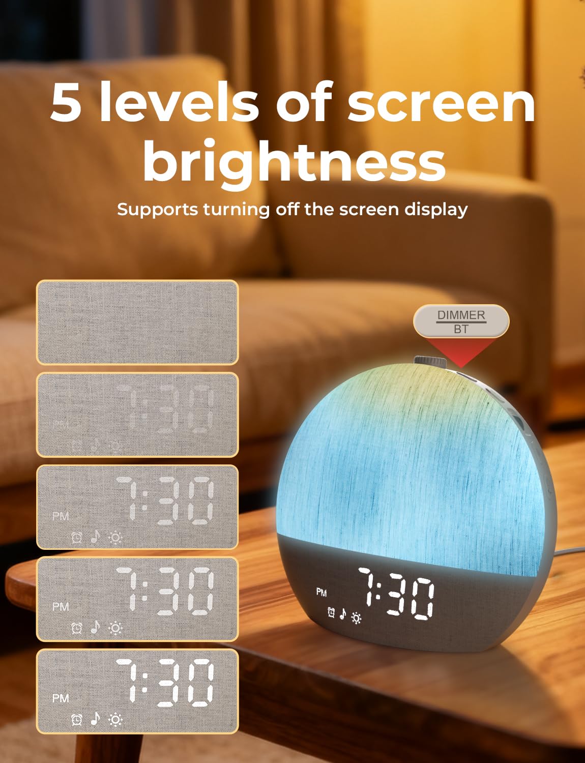 LIORQUE Réveil Lumineux Simulateur d'Aube, Reveil Simulateur d'Aube sur Lampe de Chevet, 17 Modes d'éclairage, 30 Sons apaisants, Mode Sommeil, Connexion Bluetooth, avec Alarme et Fonction Snooze